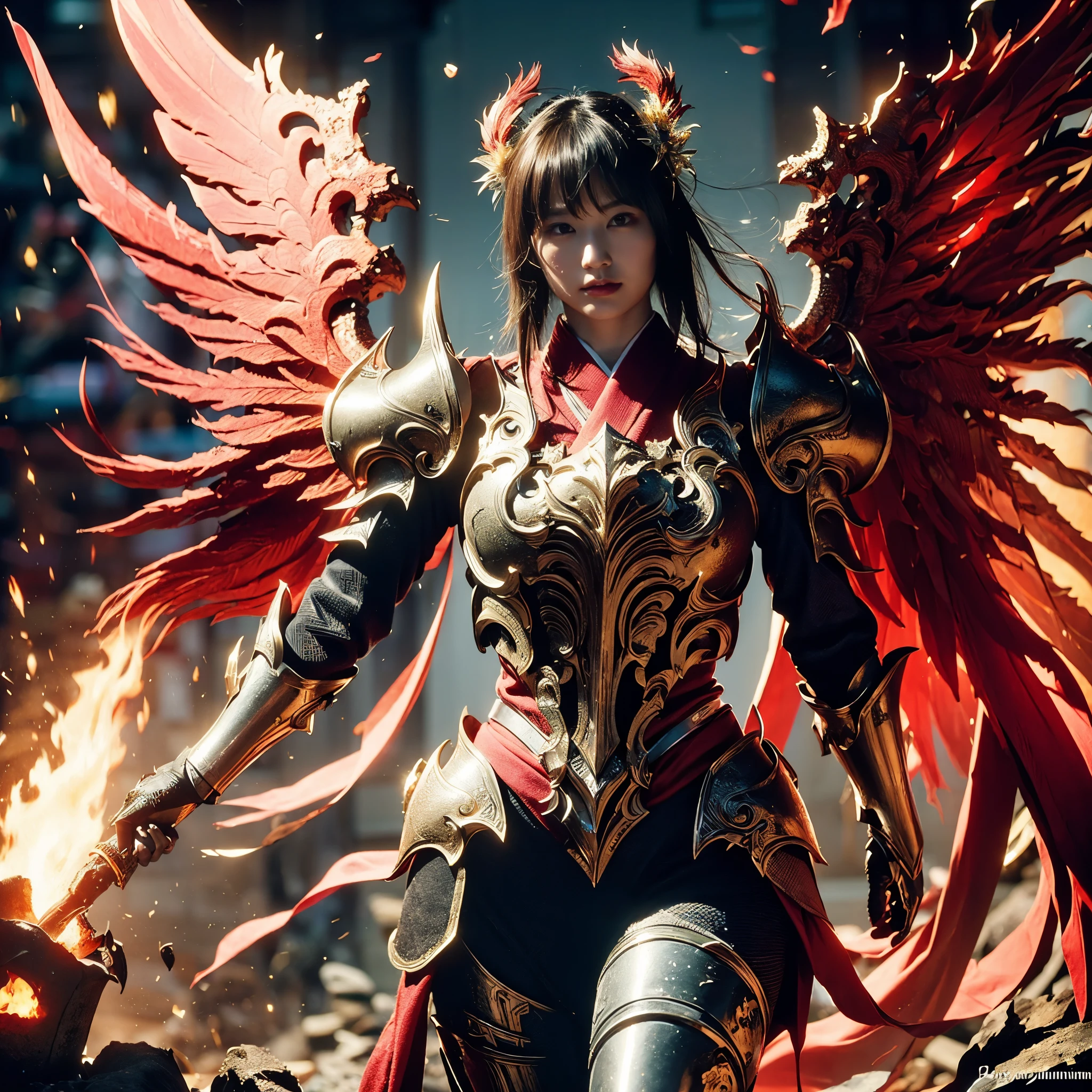 (((Realistic, masterpiece, best quality, crisp detail, high definition, high detail, very rich detail, sharp focus, sharp detail, colorful, rich color, perfect studio lightning))), ((20 years old, goddess of fire, kasumi arimura, flying, floating)),(((in the middle of war, epic war scene))), wearing (((beautiful decorated golden heavy armor, phoenix armor, phoenix tails, decorated full body armor, fully armored beautiful kimono, wide flame wings))), (flying, floating, attack stance, holding fantasy weapon, blood scattered face, blood tears, blood bath, blood shed), (((fire everywhere, blood everywhere, death everywhere, japan bakumatsu period, dead bodies,carcass,burned japanese castle,hellish,chaos)) traditional village background)