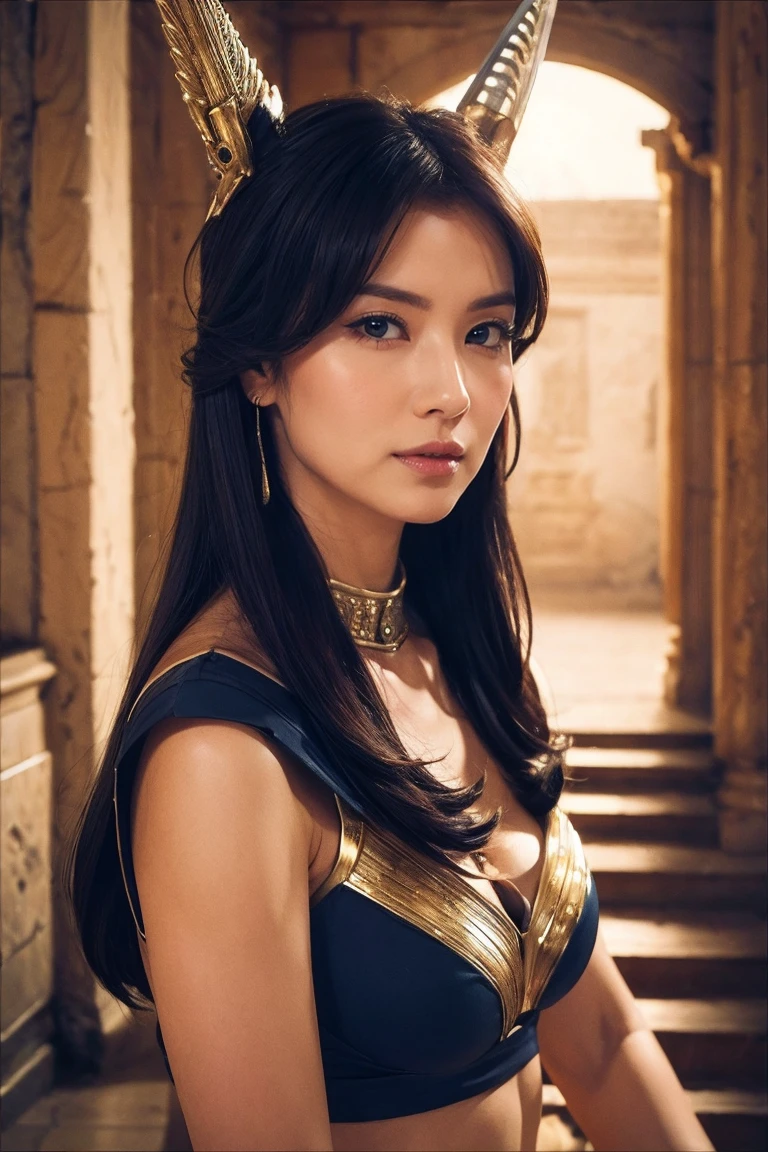 ((highest quality、8K、masterpiece:1.3))、Photoreal, sharp focus, High level image quality, High resolution, portrait, one person, woman, beautiful woman, sexy、Egyptian female warrior walking in ancient Egypt、complex technology, Remote pyramids and ancient Egyptian cities、cyber-、Light and shadow、blue light、