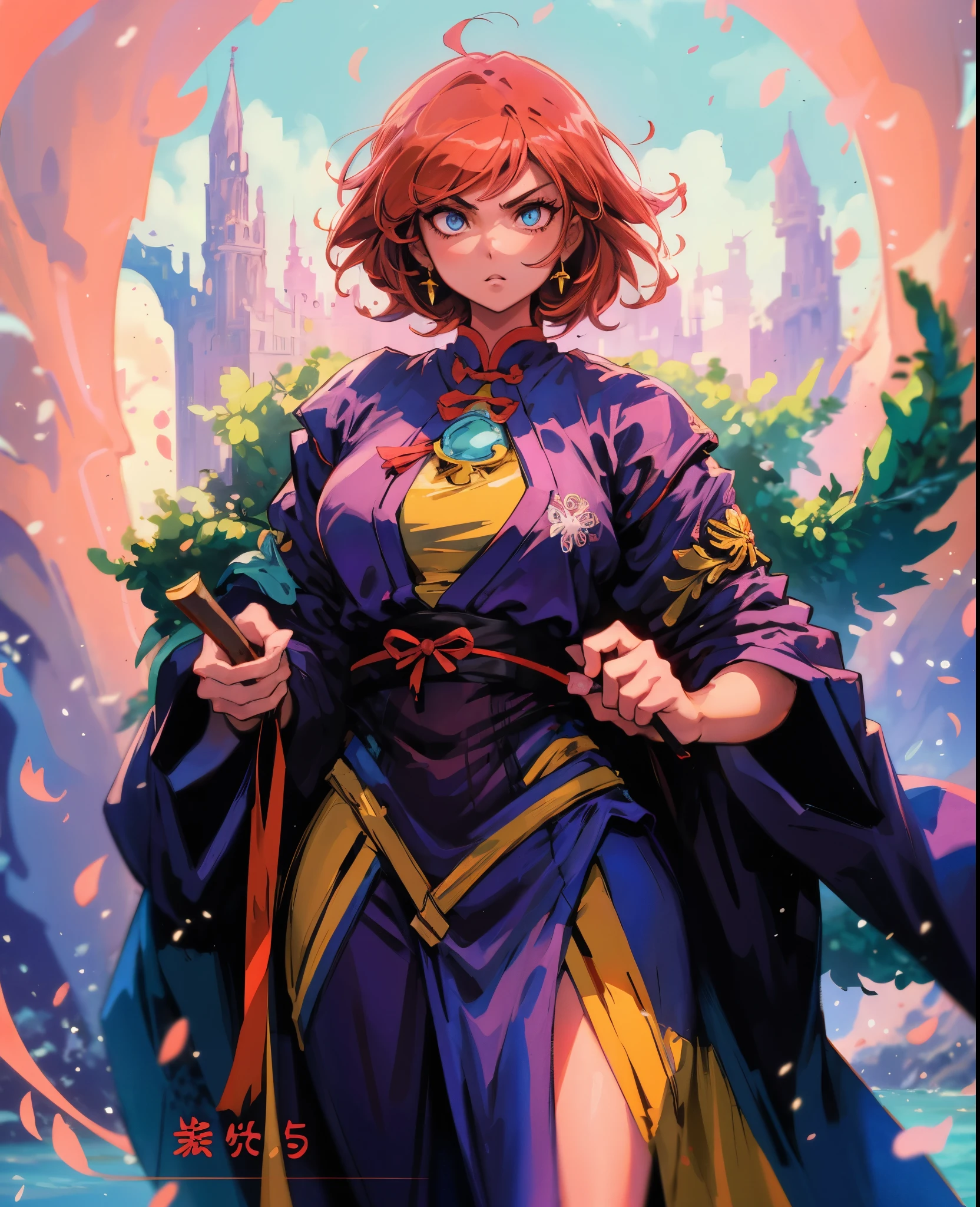 A woman with tousled vibrant red short hair, side-swept bangs, sharply arched eyebrows, sharp upward-arched thick eyebrows, sharp gaze, slender elongated face, a slim figure, a fantasy martial arts-style loose solid-color Daoist robe, wide billowing sleeves, a voluminous long skirt, orange as the main color, complemented by blue accents, a small bird formed of flames flies beside her, the scene is set in a fantasy-style Chinese lakeside courtyard, this character embodies a finely crafted a fantasy martial arts practitioner in anime style, exquisite and mature manga art style, high definition, best quality, highres, ultra-detailed, ultra-fine painting, extremely delicate, professional, anatomically correct, symmetrical face, extremely detailed eyes and face, high quality eyes, creativity, RAW photo, UHD, 32k, Natural light, cinematic lighting, masterpiece-anatomy-perfect, masterpiece:1.5