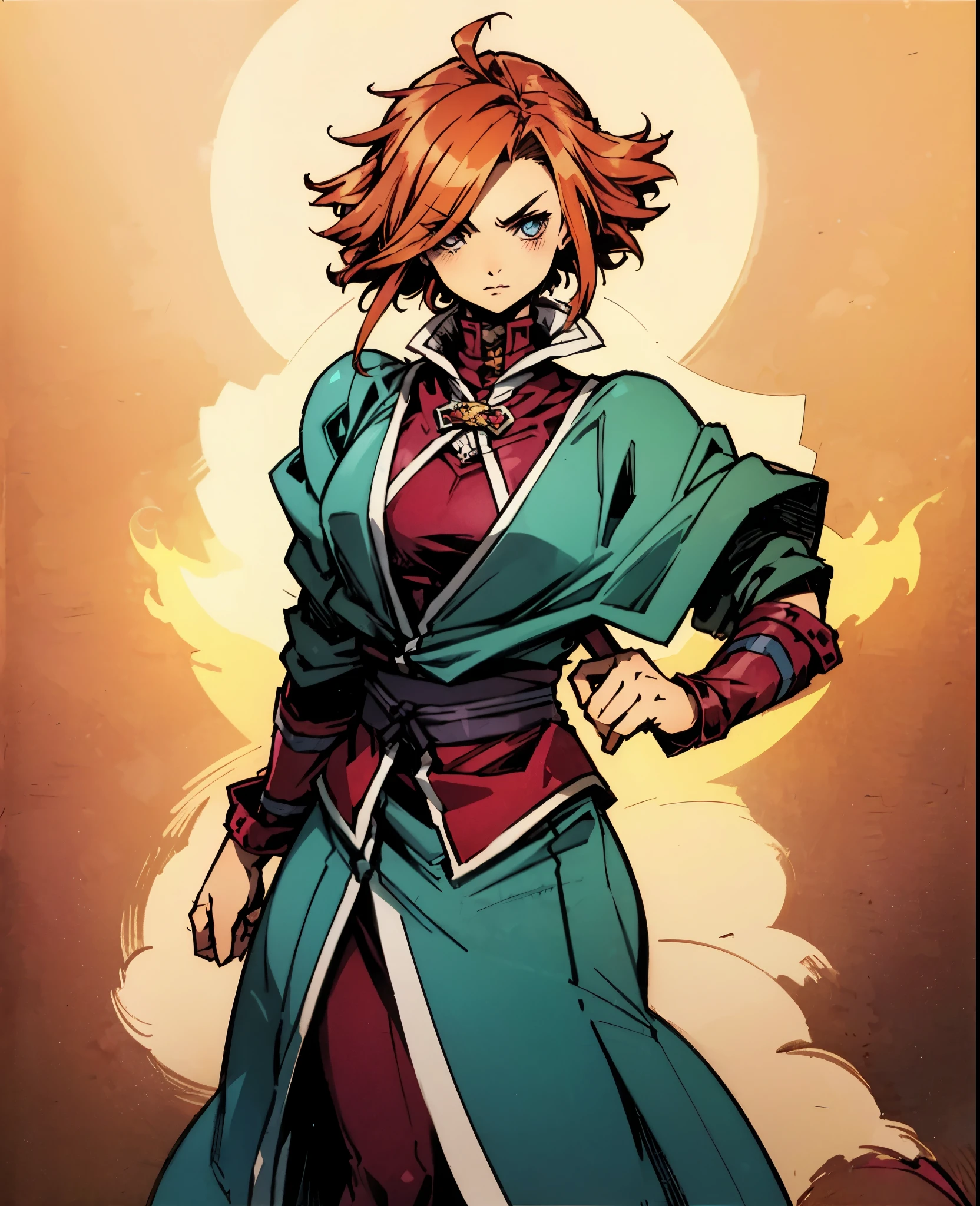 A woman with tousled vibrant red short hair, side-swept bangs, sharply arched eyebrows, sharp upward-arched thick eyebrows, sharp gaze, slender elongated face, a slim figure, a fantasy martial arts-style loose solid-color Daoist robe, wide billowing sleeves, a voluminous long skirt, orange as the main color, complemented by blue accents, a small bird formed of flames flies beside her, the scene is set in a fantasy-style Chinese lakeside courtyard, this character embodies a finely crafted a fantasy martial arts practitioner in anime style, exquisite and mature manga art style, high definition, best quality, highres, ultra-detailed, ultra-fine painting, extremely delicate, professional, anatomically correct, symmetrical face, extremely detailed eyes and face, high quality eyes, creativity, RAW photo, UHD, 32k, Natural light, cinematic lighting, masterpiece-anatomy-perfect, masterpiece:1.5