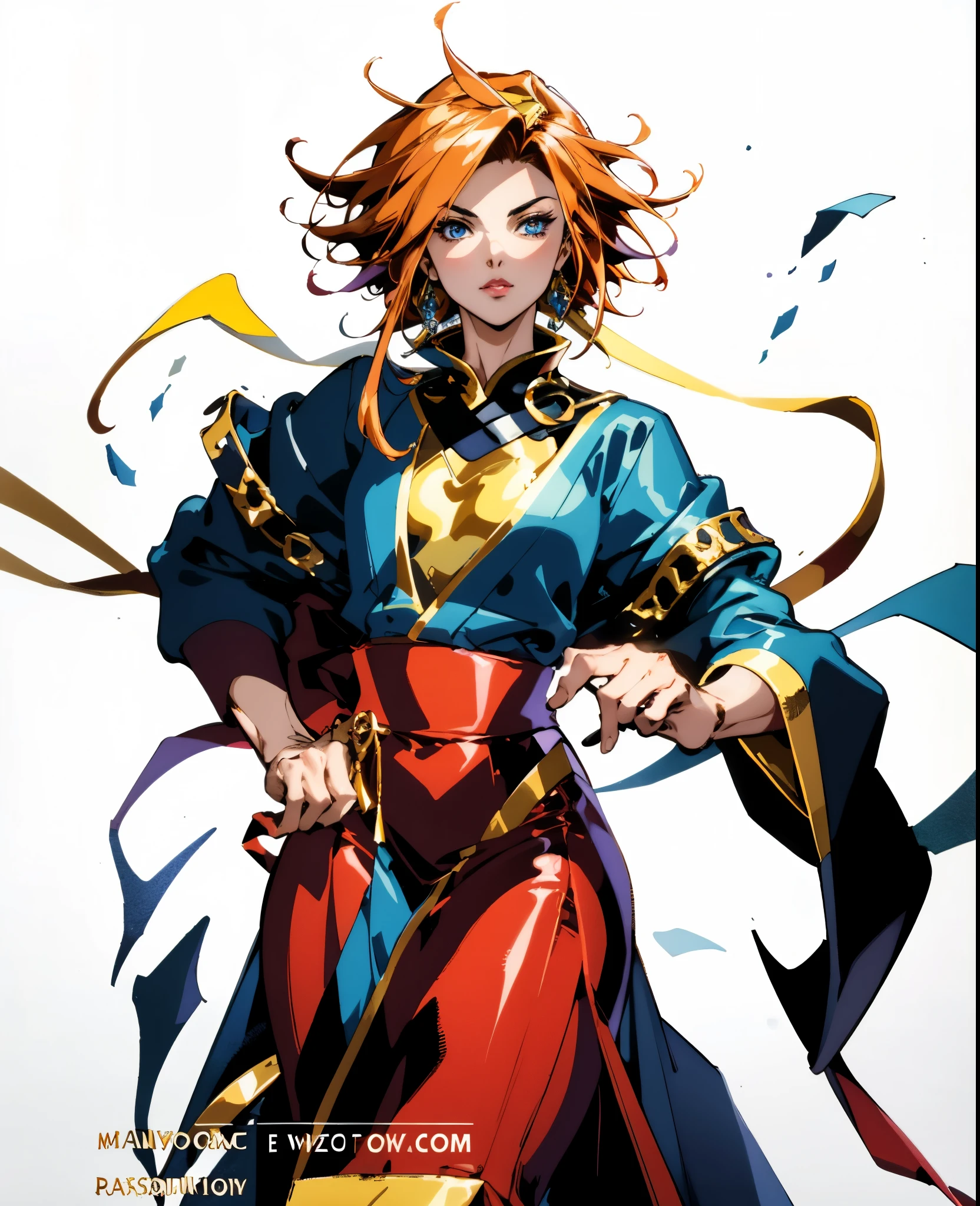 A woman with tousled vibrant red short hair, side-swept bangs, sharply arched eyebrows, sharp upward-arched thick eyebrows, sharp gaze, slender elongated face, a slim figure, a fantasy martial arts-style loose solid-color Daoist robe, wide billowing sleeves, a voluminous long skirt, orange as the main color, complemented by blue accents, a small bird formed of flames flies beside her, the scene is set in a fantasy-style Chinese lakeside courtyard, this character embodies a finely crafted a fantasy martial arts practitioner in anime style, exquisite and mature manga art style, high definition, best quality, highres, ultra-detailed, ultra-fine painting, extremely delicate, professional, anatomically correct, symmetrical face, extremely detailed eyes and face, high quality eyes, creativity, RAW photo, UHD, 32k, Natural light, cinematic lighting, masterpiece-anatomy-perfect, masterpiece:1.5