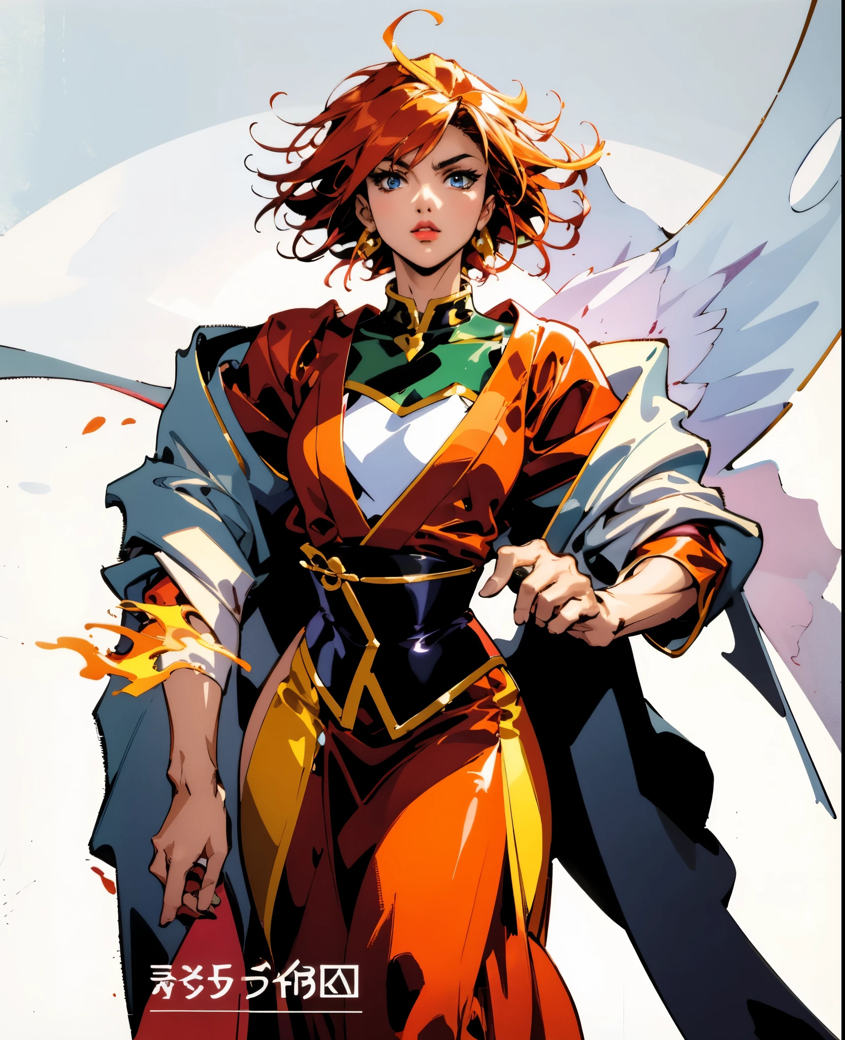 A woman with tousled vibrant red short hair, side-swept bangs, sharply arched eyebrows, sharp upward-arched thick eyebrows, sharp gaze, slender elongated face, a slim figure, a fantasy martial arts-style loose solid-color Daoist robe, wide billowing sleeves, a voluminous long skirt, orange as the main color, complemented by blue accents, a small bird formed of flames flies beside her, the scene is set in a fantasy-style Chinese lakeside courtyard, this character embodies a finely crafted a fantasy martial arts practitioner in anime style, exquisite and mature manga art style, high definition, best quality, highres, ultra-detailed, ultra-fine painting, extremely delicate, professional, anatomically correct, symmetrical face, extremely detailed eyes and face, high quality eyes, creativity, RAW photo, UHD, 32k, Natural light, cinematic lighting, masterpiece-anatomy-perfect, masterpiece:1.5