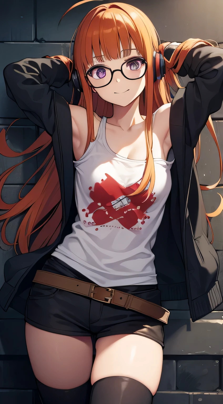 futabasakura, futaba sakura, orange hair, glasses, long hair, (purple eyes:1.1), ahoge,
BREAK behind-the-head headphones, belt boots, black footwear, black thighhighs, cross-laced footwear, fur trim, fur-trimmed jacket, green jacket, headphones, jacket, knee boots, lace-up boots, off shoulder, off-shoulder shirt, shirt, t-shirt, thighhighs, thighhighs under boots,
BREAK looking at viewer,
BREAK forest, dark sky, contrapposto, smile, spread armpits, cowboy shot, sleeveless, arms behind head,
BREAK (masterpiece:1.2), best quality, high resolution, unity 8k wallpaper, (illustration:0.8), (beautiful detailed eyes:1.6), extremely detailed face, perfect lighting, extremely detailed CG, (perfect hands, perfect anatomy),