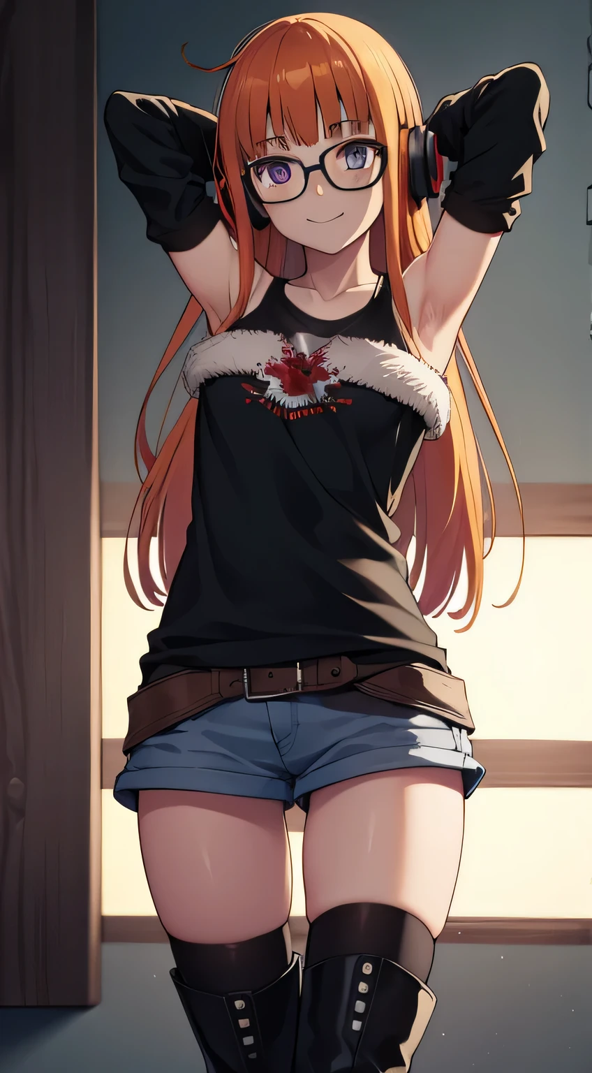 futabasakura, futaba sakura, orange hair, glasses, long hair, (purple eyes:1.1), ahoge,
BREAK behind-the-head headphones, belt boots, black footwear, black thighhighs, cross-laced footwear, fur trim, fur-trimmed jacket, green jacket, headphones, jacket, knee boots, lace-up boots, off shoulder, off-shoulder shirt, shirt, t-shirt, thighhighs, thighhighs under boots,
BREAK looking at viewer,
BREAK forest, dark sky, contrapposto, smile, spread armpits, cowboy shot, sleeveless, arms behind head,
BREAK (masterpiece:1.2), best quality, high resolution, unity 8k wallpaper, (illustration:0.8), (beautiful detailed eyes:1.6), extremely detailed face, perfect lighting, extremely detailed CG, (perfect hands, perfect anatomy),