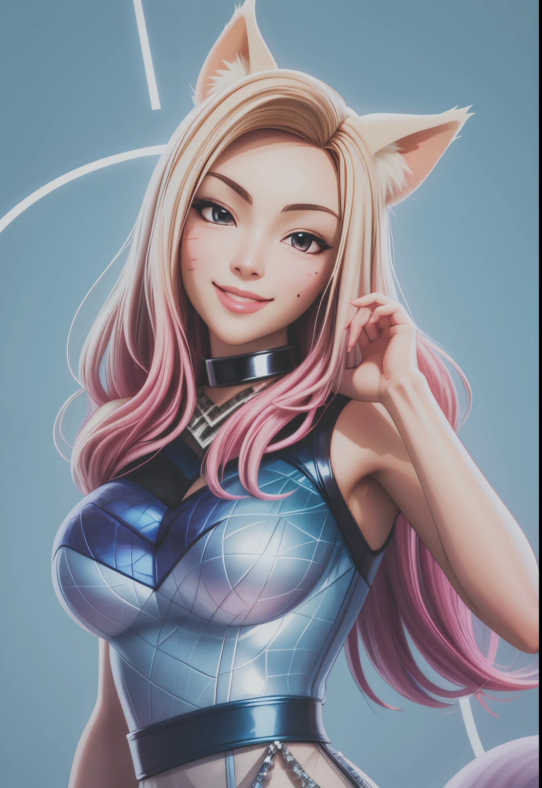 KDA_ahri, smile face,6 tails fox,anime eyes ,cowboy shot,more life on face ,smirk smile;hand on back,bigger tits,face more realistic,bigger eyes like in anime,hands in back