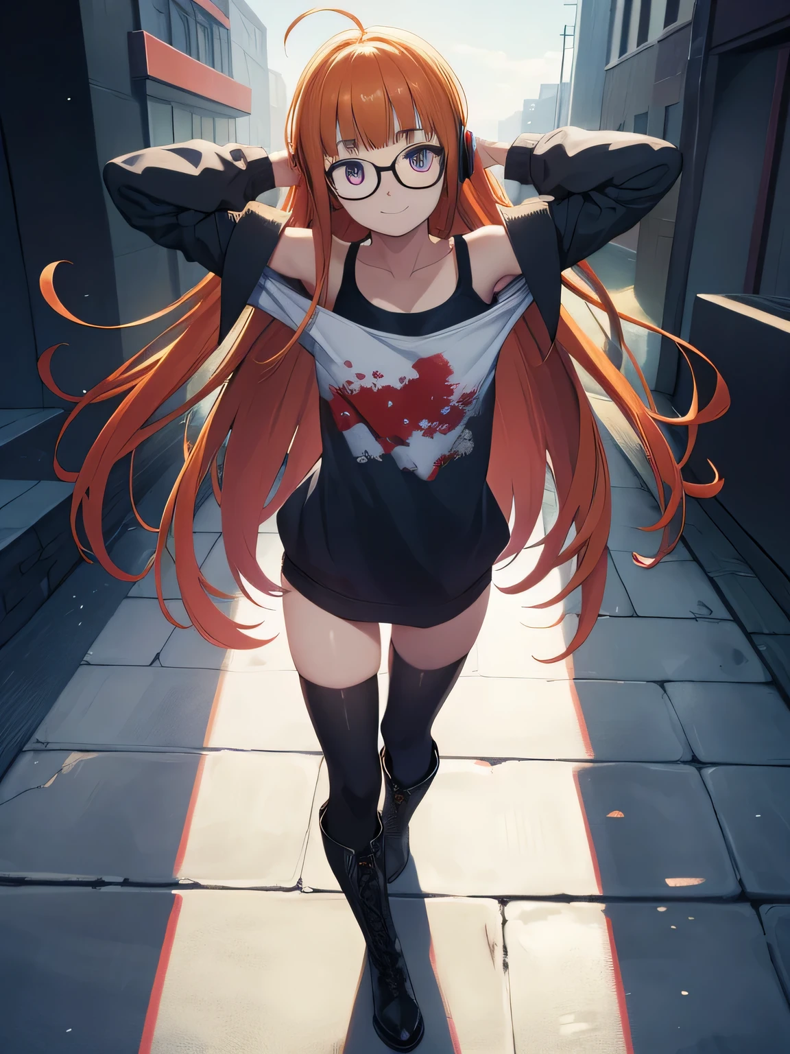 futabasakura, futaba sakura, orange hair, glasses, long hair, (purple eyes:1.1), ahoge,
BREAK behind-the-head headphones, belt boots, black footwear, black thighhighs, cross-laced footwear, fur trim, fur-trimmed jacket, green jacket, headphones, jacket, knee boots, lace-up boots, off shoulder, off-shoulder shirt, shirt, t-shirt, thighhighs, thighhighs under boots,
BREAK looking at viewer,
BREAK smile, closed mouth, spread arms, arms up, on back, on grass, looking at viewer, solo, center,
BREAK (masterpiece:1.2), best quality, high resolution, unity 8k wallpaper, (illustration:0.8), (beautiful detailed eyes:1.6), extremely detailed face, perfect lighting, extremely detailed CG, (perfect hands, perfect anatomy),