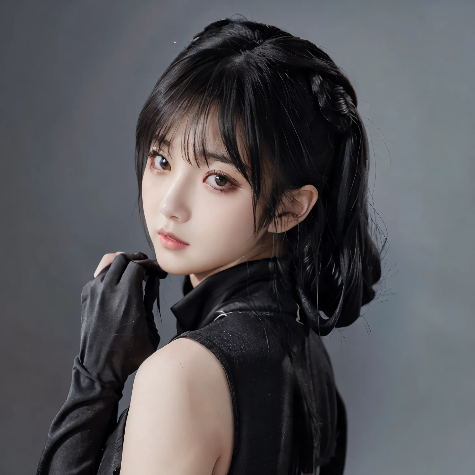 anime girl, shoulder length black wavy hair, grey eyes, A keen eye, soft facial features, Dressed in a black top, wide black pants, black gloves, White background