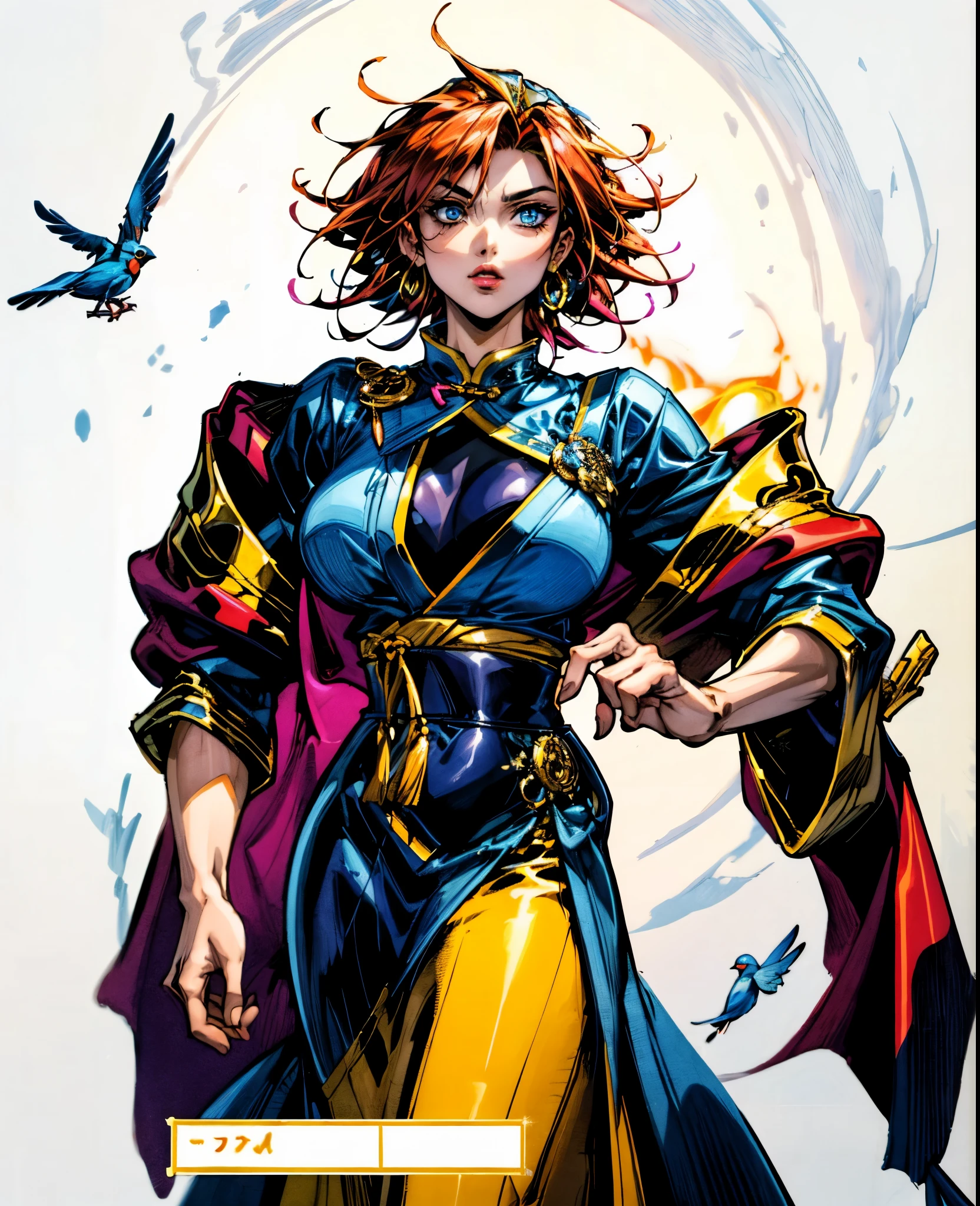 ((A woman with tousled vibrant red short hair, side-swept bangs, sharply arched eyebrows, sharp upward-arched thick eyebrows, sharp gaze, slender elongated face, a slim figure, a fantasy martial arts-style loose solid-color Daoist robe, wide billowing sleeves, a voluminous long skirt, orange as the main color, complemented by blue accents, a small bird formed of flames flies beside her, the scene is set in a fantasy-style Chinese lakeside courtyard)), this character embodies a finely crafted a fantasy martial arts practitioner in anime style, exquisite and mature manga art style, feminine, high definition, best quality, highres, ultra-detailed, ultra-fine painting, extremely delicate, professional, perfect body proportions, golden ratio, anatomically correct, symmetrical face, extremely detailed eyes and face, high quality eyes, creativity, RAW photo, UHD, 32k, Natural light, cinematic lighting, masterpiece-anatomy-perfect, masterpiece:1.5