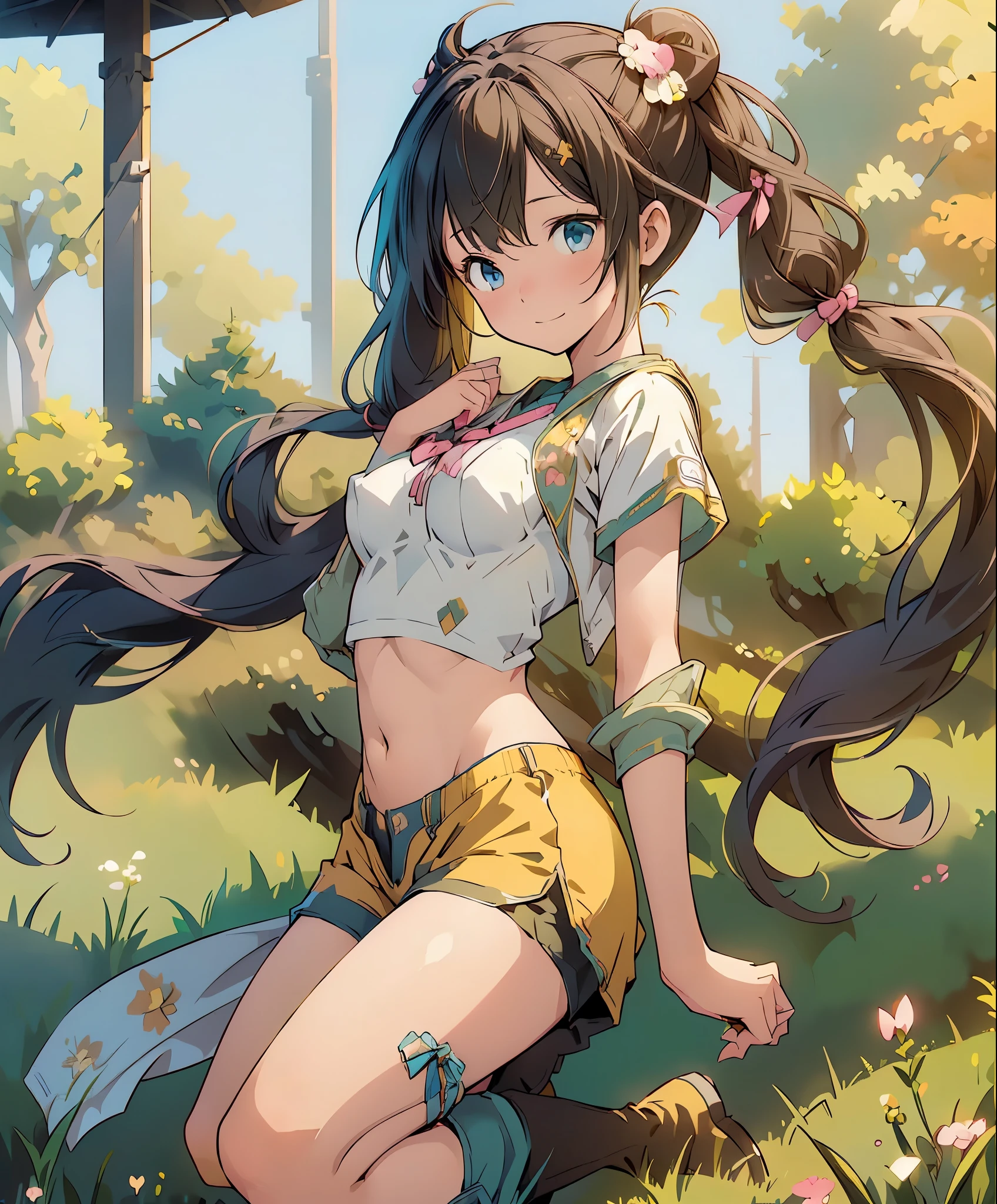 (masterpiece、highest quality、highest quality、official art、beautiful beautiful:1.2)、(1 girl:1.3)Hatsune Miku、twin tails,big breasts,table top、highest quality、High resolution、1 girl、alone、low length、thin legs、belly button、shy smile、、dark brown hair、bun hair、blue eyes、長いtwin tails、visor cap、((black knee socks、boots))、raglan sleeves、((yellow shorts))、shirt、pink ribbon、clock、plateau、overgrown with grass、A photo of the subject taken from below、(Are standing)、sexual pose