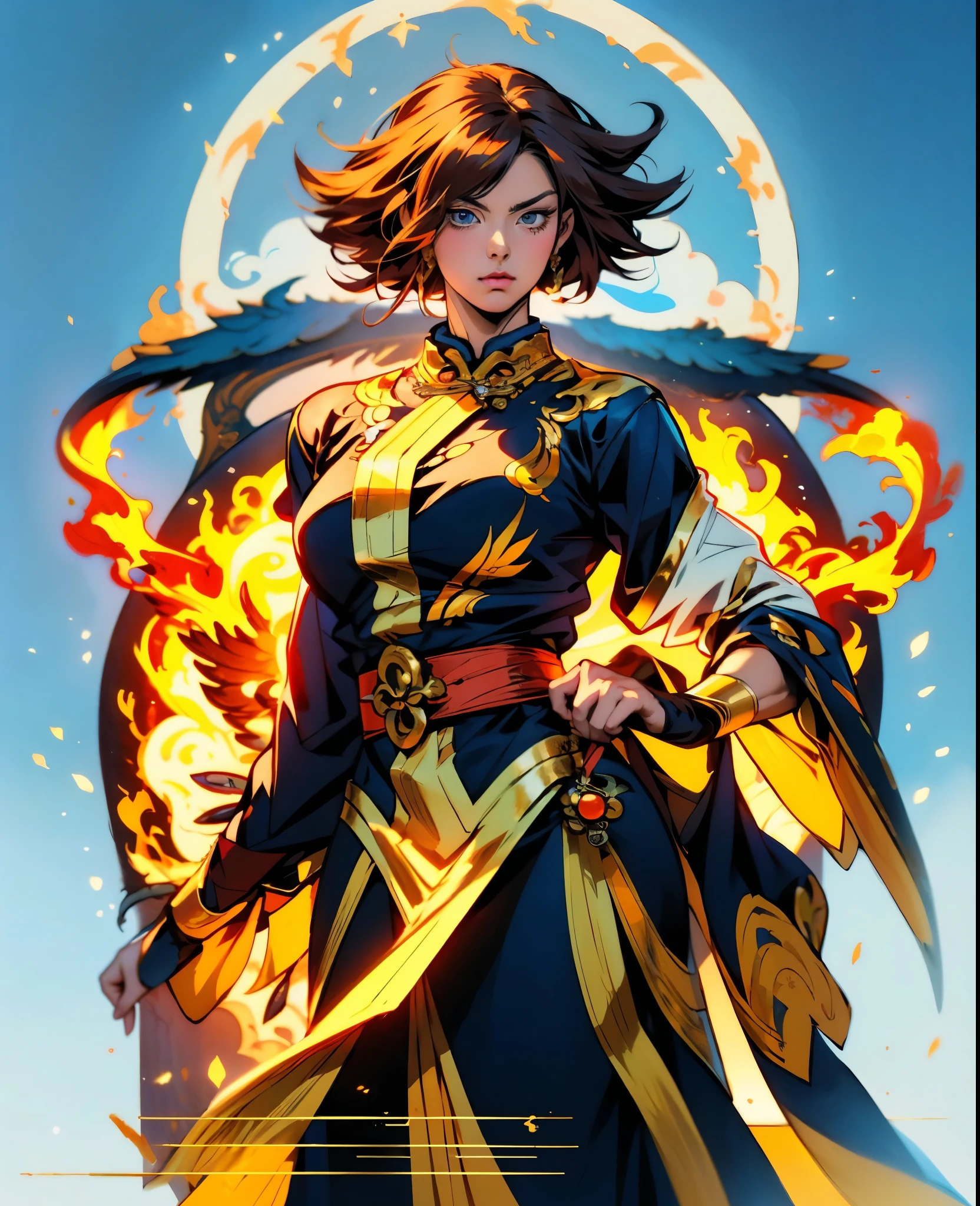 ((A woman with tousled vibrant red short hair, side-swept bangs, sharply arched eyebrows, sharp upward-arched thick eyebrows, sharp gaze, slender elongated face, a slim figure, a fantasy martial arts-style loose solid-color Daoist robe, wide billowing sleeves, a voluminous long skirt, orange as the main color, complemented by blue accents, a small bird formed of flames flies beside her, the scene is set in a fantasy-style Chinese lakeside courtyard)), this character embodies a finely crafted a fantasy martial arts practitioner in anime style, exquisite and mature manga art style, feminine, high definition, best quality, highres, ultra-detailed, ultra-fine painting, extremely delicate, professional, perfect body proportions, golden ratio, anatomically correct, symmetrical face, extremely detailed eyes and face, high quality eyes, creativity, RAW photo, UHD, 32k, Natural light, cinematic lighting, masterpiece-anatomy-perfect, masterpiece:1.5