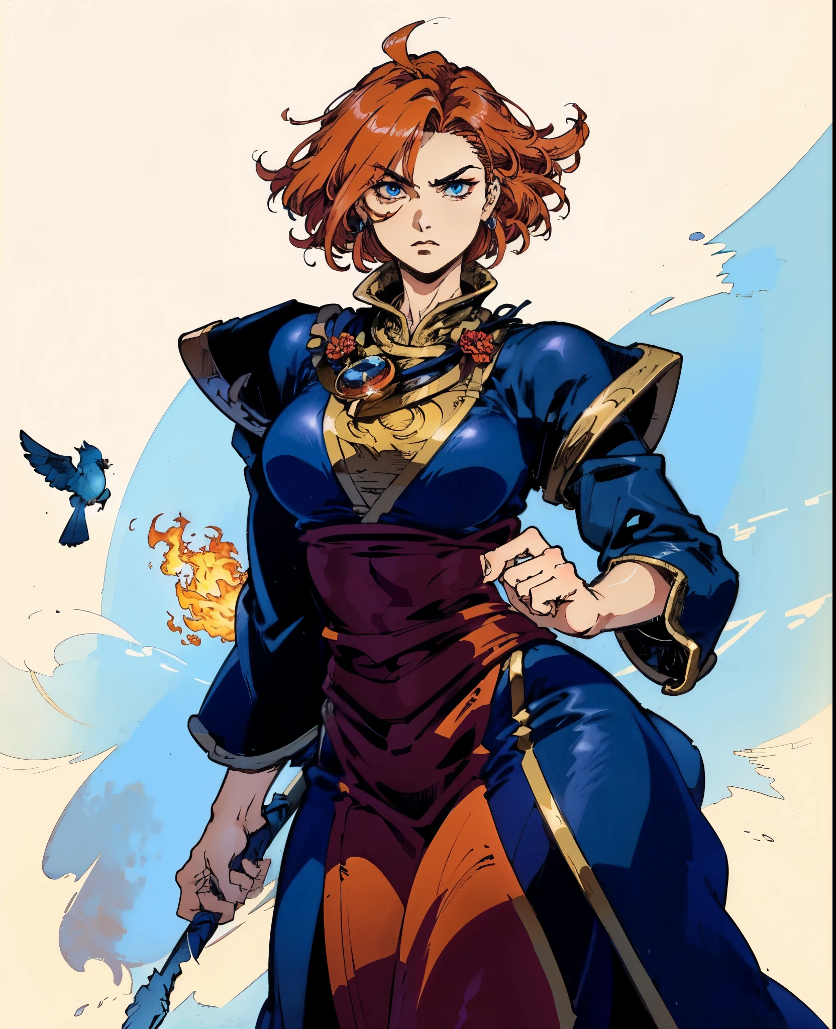 ((A woman with tousled vibrant red short hair, side-swept bangs, sharply arched eyebrows, sharp upward-arched thick eyebrows, sharp gaze, slender elongated face, a slim figure, a fantasy martial arts-style loose solid-color Daoist robe, wide billowing sleeves, a voluminous long skirt, orange as the main color, complemented by blue accents, a small bird formed of flames flies beside her, the scene is set in a fantasy-style Chinese lakeside courtyard)), this character embodies a finely crafted a fantasy martial arts practitioner in anime style, exquisite and mature manga art style, feminine, high definition, best quality, highres, ultra-detailed, ultra-fine painting, extremely delicate, professional, perfect body proportions, golden ratio, anatomically correct, symmetrical face, extremely detailed eyes and face, high quality eyes, creativity, RAW photo, UHD, 32k, Natural light, cinematic lighting, masterpiece-anatomy-perfect, masterpiece:1.5