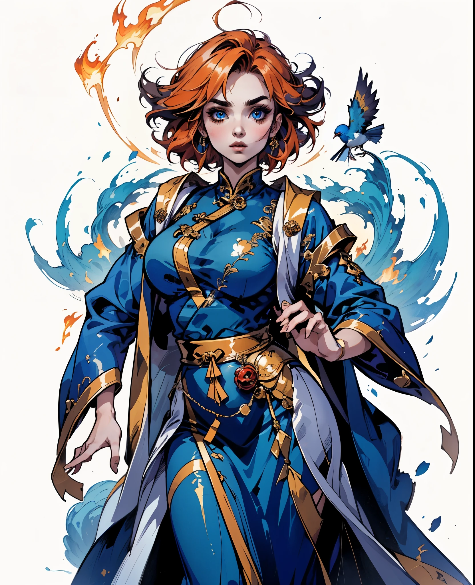 ((A woman with tousled vibrant red short hair, side-swept bangs, sharply arched eyebrows, sharp upward-arched thick eyebrows, sharp gaze, slender elongated face, a slim figure, a fantasy martial arts-style loose solid-color Daoist robe, wide billowing sleeves, a voluminous long skirt, orange as the main color, complemented by blue accents, a small bird formed of flames flies beside her, the scene is set in a fantasy-style Chinese lakeside courtyard)), this character embodies a finely crafted a fantasy martial arts practitioner in anime style, exquisite and mature manga art style, feminine, high definition, best quality, highres, ultra-detailed, ultra-fine painting, extremely delicate, professional, perfect body proportions, golden ratio, anatomically correct, symmetrical face, extremely detailed eyes and face, high quality eyes, creativity, RAW photo, UHD, 32k, Natural light, cinematic lighting, masterpiece-anatomy-perfect, masterpiece:1.5