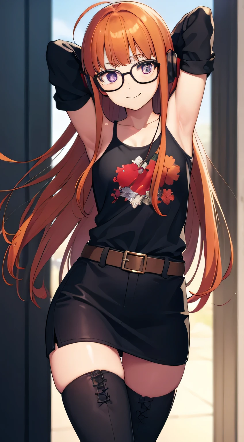 futabasakura, futaba sakura, orange hair, glasses, long hair, (purple eyes:1.1), ahoge,
BREAK behind-the-head headphones, belt boots, black footwear, black thighhighs, cross-laced footwear, fur trim, fur-trimmed jacket, green jacket, headphones, jacket, knee boots, lace-up boots, off shoulder, off-shoulder shirt, shirt, t-shirt, thighhighs, thighhighs under boots,
BREAK looking at viewer,
BREAK forest, dark sky, contrapposto, smile, spread armpits, cowboy shot, sleeveless, arms behind head,
BREAK (masterpiece:1.2), best quality, high resolution, unity 8k wallpaper, (illustration:0.8), (beautiful detailed eyes:1.6), extremely detailed face, perfect lighting, extremely detailed CG, (perfect hands, perfect ???????),