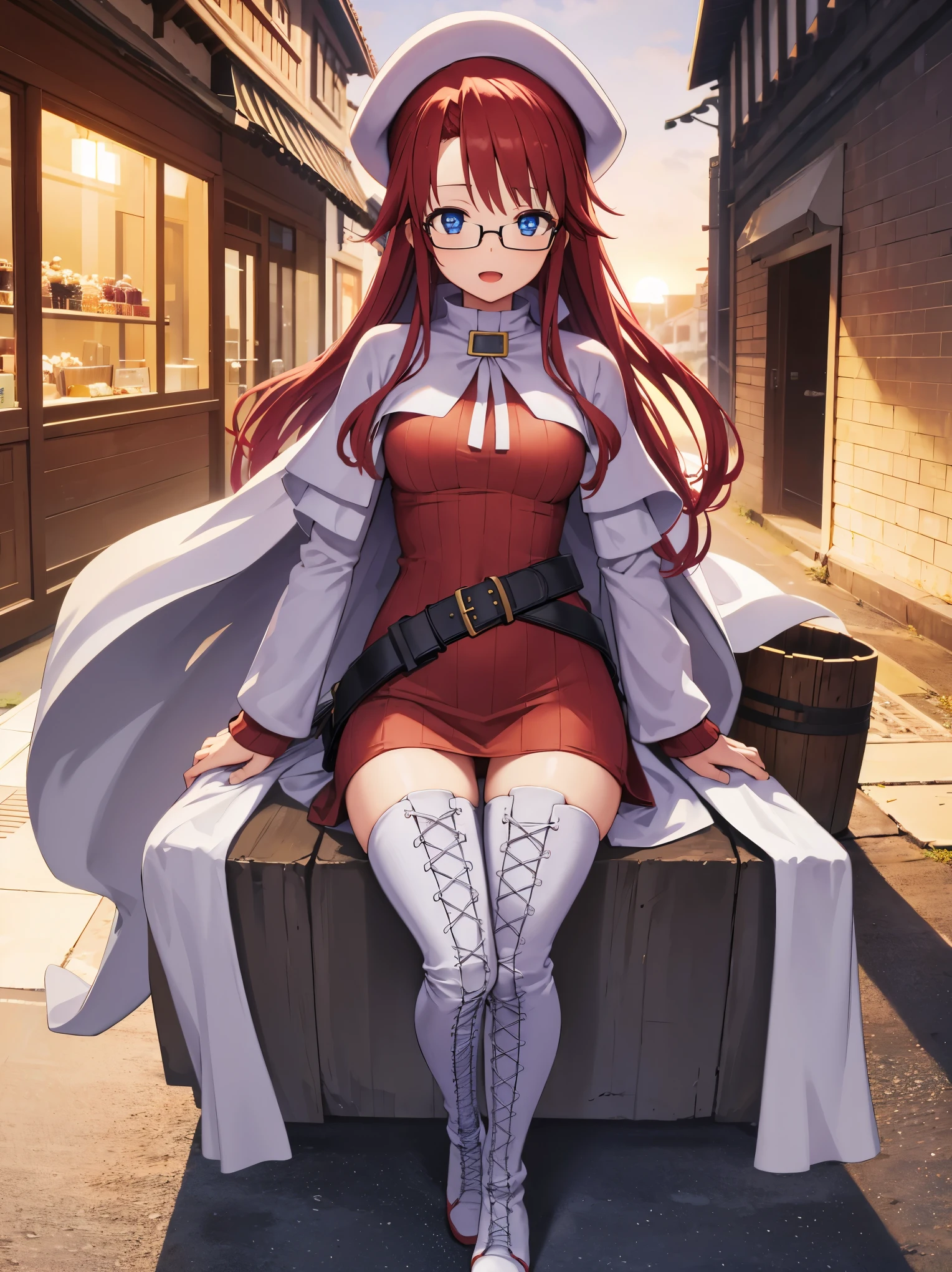 summonnightaty, aty, long hair, blue eyes, red hair, beret, hat, glasses,
BREAK long hair, thighhighs, hat, dress, boots, glasses, belt, cape, sweater, zettai ryouiki, beret, thigh boots, white footwear, ribbed sweater, loose belt,solo,
BREAK outdoors, fantasy_town,
BREAK (masterpiece:1.2), best quality, high resolution, unity 8k wallpaper, (illustration:0.8), (beautiful detailed eyes:1.6), extremely detailed face, perfect lighting, extremely detailed CG, (perfect hands, perfect anatomy),covered_nipples,covered_navel,light_smile ,walking,(half_eyes:1.2),light_open_mouth,sword,armpit,sleepy,sitting_on_the_barrel,barrel,red_sweater,