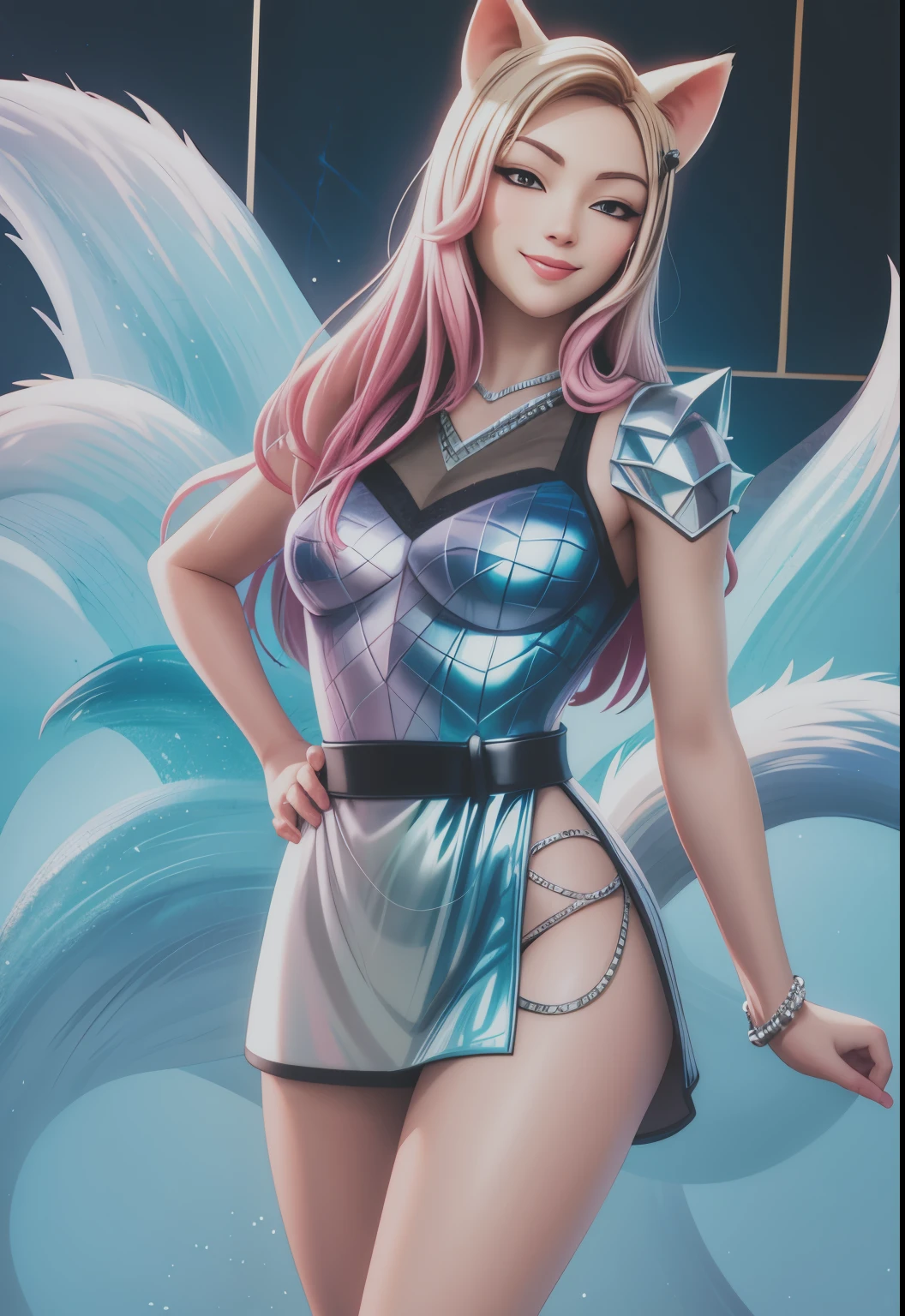 KDA_ahri, smile face,6 tails fox,anime eyes ,cowboy shot,more life on face ,smirk smile;hand on back,bigger tits,face more realistic,bigger eyes like in anime,hands in back