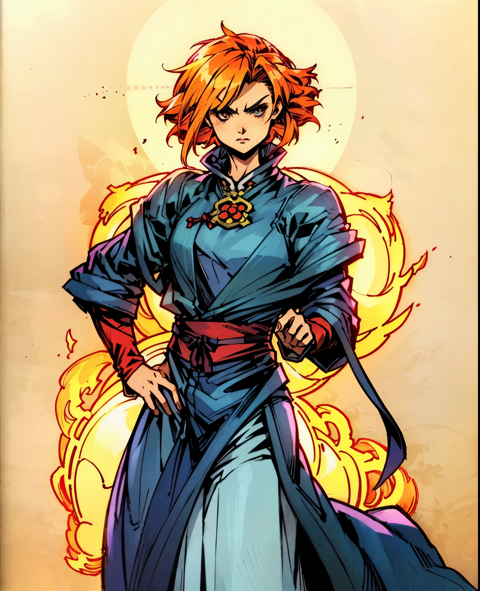 ((A woman with tousled vibrant red short hair, side-swept bangs, sharply arched eyebrows, sharp upward-arched thick eyebrows, sharp gaze, slender elongated face, a slim figure, a fantasy martial arts-style loose solid-color Daoist robe, wide billowing sleeves, a voluminous long skirt, orange as the main color, complemented by blue accents, a small bird formed of flames flies beside her, the scene is set in a fantasy-style Chinese lakeside courtyard)), this character embodies a finely crafted a fantasy martial arts practitioner in anime style, exquisite and mature manga art style, feminine, high definition, best quality, highres, ultra-detailed, ultra-fine painting, extremely delicate, professional, perfect body proportions, golden ratio, anatomically correct, symmetrical face, extremely detailed eyes and face, high quality eyes, creativity, RAW photo, UHD, 32k, Natural light, cinematic lighting, masterpiece-anatomy-perfect, masterpiece:1.5