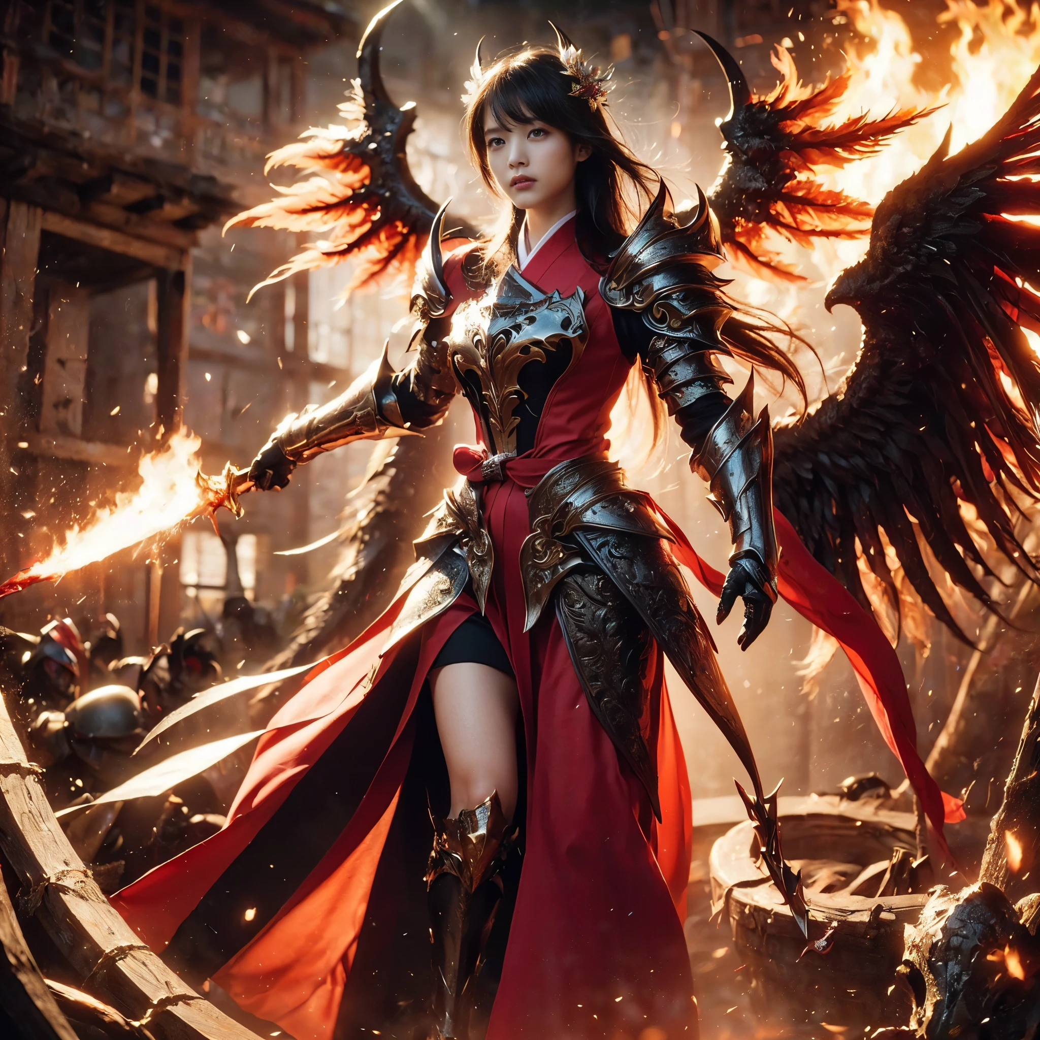 (((Realistic, masterpiece, best quality, crisp detail, high definition, high detail, very rich detail, sharp focus, sharp detail, colorful, rich color, perfect studio lightning))), ((20 years old, goddess of fire, kasumi arimura, flying, floating)),(((in the middle of war, epic war scene))), wearing (((beautiful decorated golden heavy armor, phoenix armor, phoenix tails, decorated full body armor, fully armored beautiful kimono, wide flame wings))), (flying, floating, attack stance, holding fantasy weapon, blood scattered face, blood tears, blood bath, blood shed), (((fire everywhere, blood everywhere, death everywhere, japan bakumatsu period, dead bodies,carcass,burned japanese castle,hellish,chaos)) traditional village background)