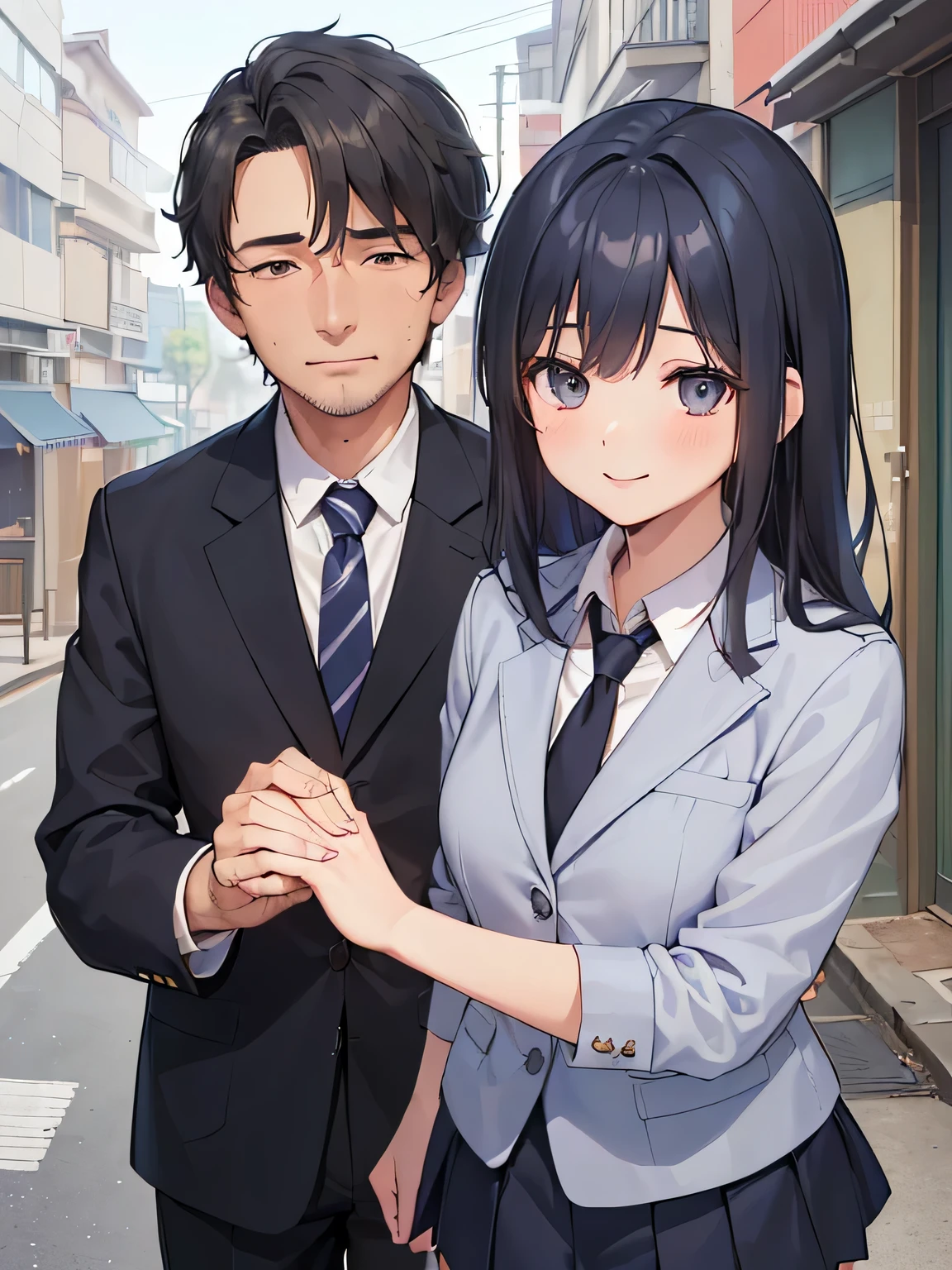 (masterpiece、highest quality、High resolution、realistic pictures、real looking skin:1.1)、
(A woman and a man are walking hand in hand:1.5)、
(The two of them are smiling because they love each other.:1.8)、
(Please make the composition up to the woman's thighs with a close-up of her upper body.:1.8)、
(The woman is an 18-year-old high school girl.:1.5)、
(The woman is wearing a uniform blazer, a uniform miniskirt, navy blue knee-high socks, and black loafers.:1.8)、
(The man is a working adult and is a middle-aged man of 35 years old, so please let him look a little older.:1.8)、
(The man is wearing a gray suit and tie:1.8)、
(Women have short black hair:1.5)、
(women have small faces:1.5)、
(The location is Ekimae Street in the morning.:1.5)、
1 Japanese girl、full body esbian、beautiful eyes、shining eyes、Shining thighs、NSFW