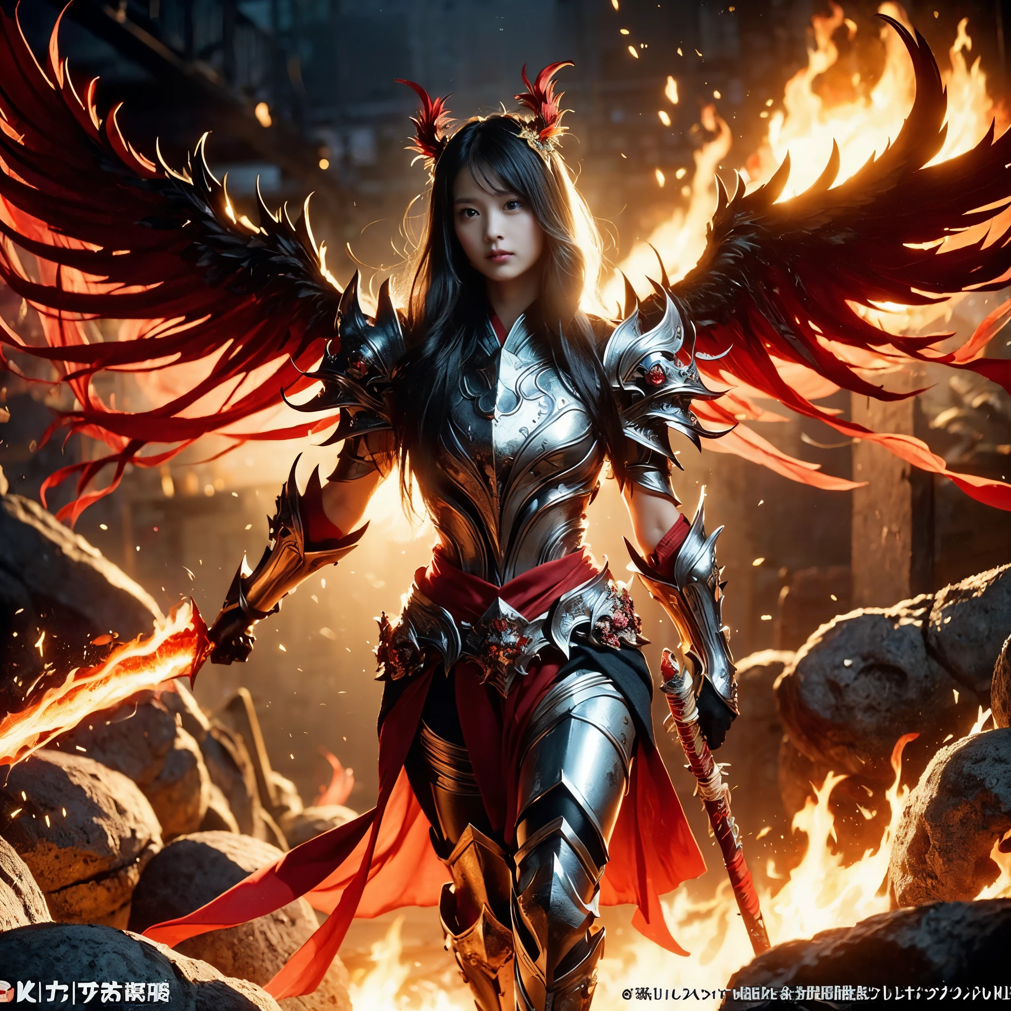 (((Realistic, masterpiece, best quality, crisp detail, high definition, high detail, very rich detail, sharp focus, sharp detail, colorful, rich color, perfect studio lightning))), ((20 years old, goddess of fire, kasumi arimura, flying, floating)),(((in the middle of war, epic war scene))), wearing (((beautiful decorated golden heavy armor, phoenix armor, phoenix tails, decorated full body armor, fully armored beautiful kimono, wide flame wings))), (flying, floating, attack stance, holding fantasy weapon, blood scattered face, blood tears, blood bath, blood shed), (((fire everywhere, blood everywhere, death everywhere, japan bakumatsu period, dead bodies,carcass,burned japanese castle,hellish,chaos, hell fire, inferno, lava)) traditional village background)