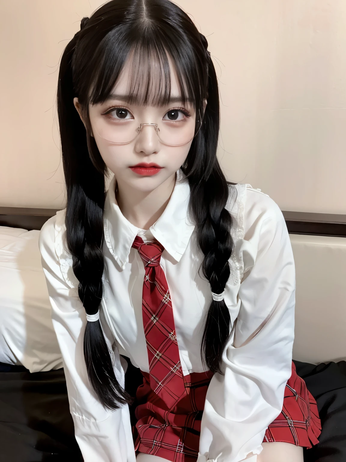 raw photo, 8k, (top-quality), Realistic, (real picture, Intricate details), (natural skin texture, detailed skin, hyper realism, sharpness), (Japanese teenage glasses girl sitting on bed in a hotel), ((school uniform, white blouse, red tie, plaid mini skirt)), (pale skin:1.2), slender body, ((braid hairstyle, blunt bangs)), (glasses seductive face, Parted lips:1.3, eye shadow, eyeliner, tear bag:1.2, red lip, undereye circle), thighs, red wallpaper, full body shot