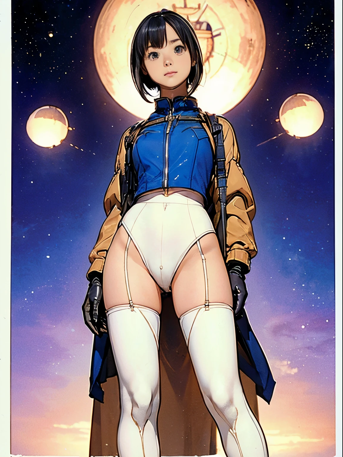 (masterpiece、best quality、Highest resolution、Clear_image、detailed details): (full body picture、15 year old girl、Japanese face、small face、thin、Navy blue super short bob、blue eyes、Blue and Black Shiny Aviator Suit、Armor that protects the chest、tight clothes、Clothes that cover the whole body、leggings、Very delicate and beautiful、hide thighs、hide your ass、Cute type、gentle smile、soft expression、earphone、knee high boots、Gloves come to elbow length、Shooting at eye level、face directly、woman on spaceship), (((camel toe))), ((Plain white tights))