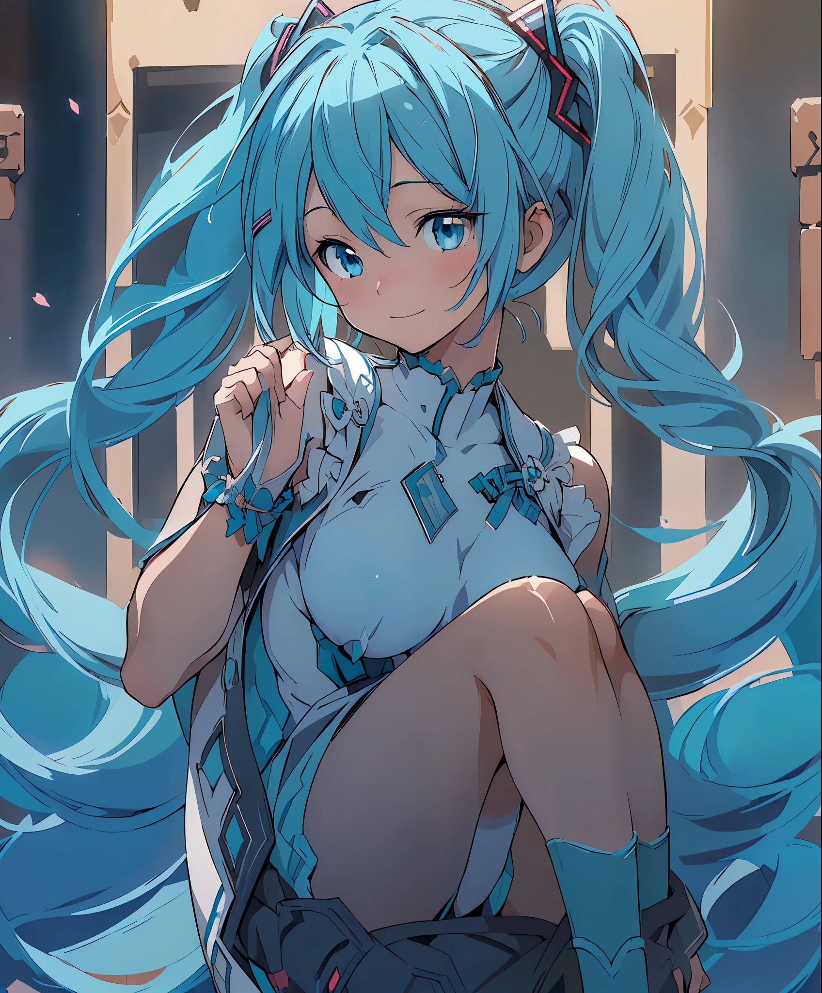 (masterpiece、highest quality、highest quality、official art、beautiful beautiful:1.2)、(1 girl:1.3)Hatsune Miku、twin tails,big breasts,(1 girl), (alone: 2.0), beautiful and charming anime girl, smile, beautiful blue eyes, beautiful proportions, Hatsune Miku, gentle expression, seductive anime girl, full body, arabic style dancer