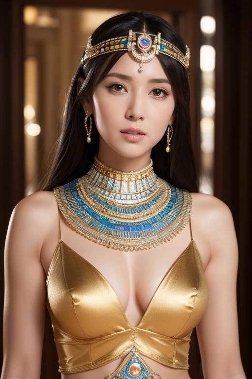 ((highest quality、8K、masterpiece:1.3))、Photoreal, sharp focus, High level image quality, High resolution, portrait, one person, woman, beautiful woman, sexy、Egyptian goddess walking in ancient Egypt、complex technology, Remote pyramids and ancient Egyptian cities、cyber-、Light and shadow、blue light、