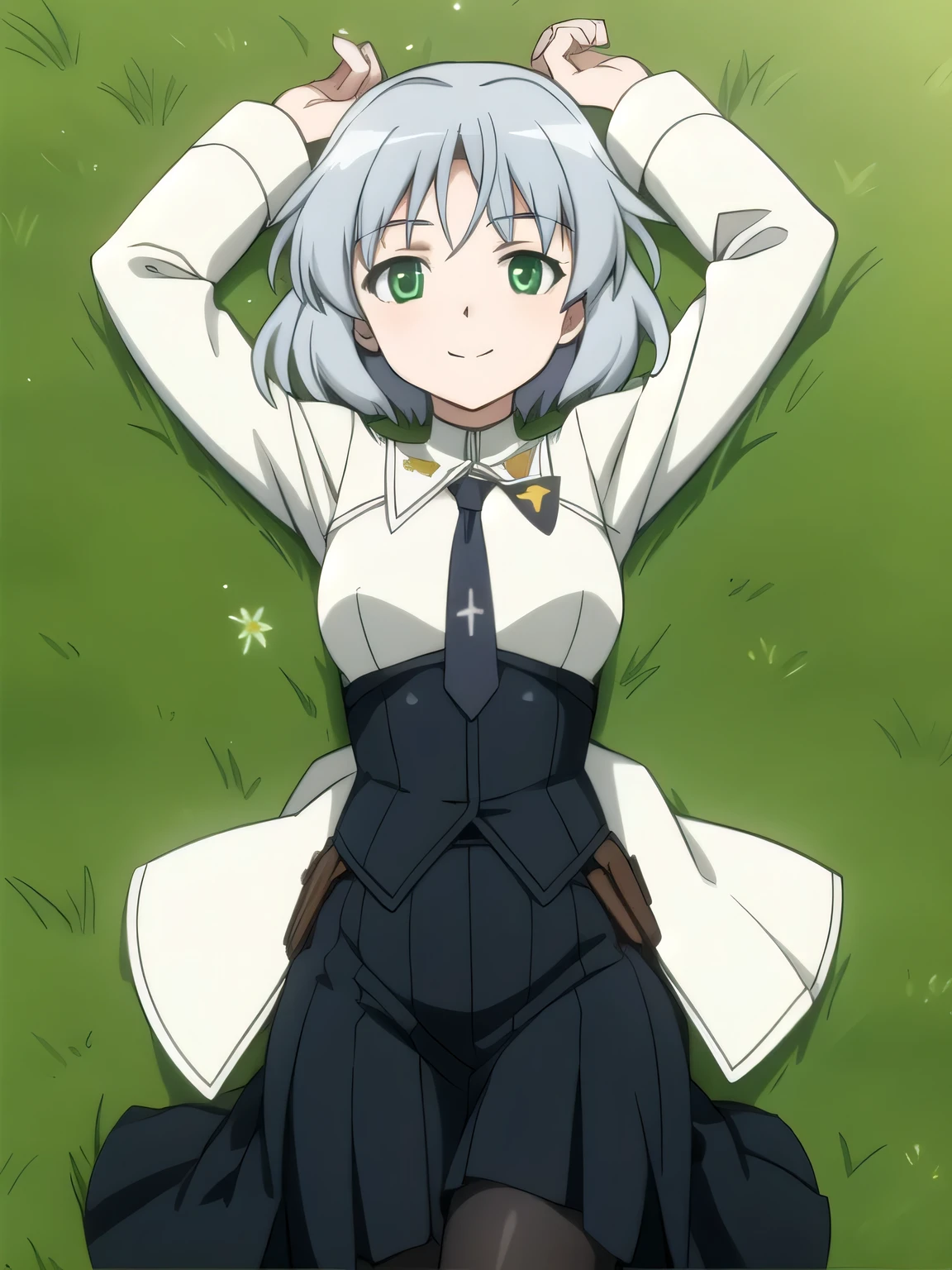masterpiece, best quality,
sanya v. litvyak, 1girl, uniform, smile, green eyes, 
closed mouth, spread arms, arms up, shy, on back, on grass, looking at viewer, solo, in the center, 
