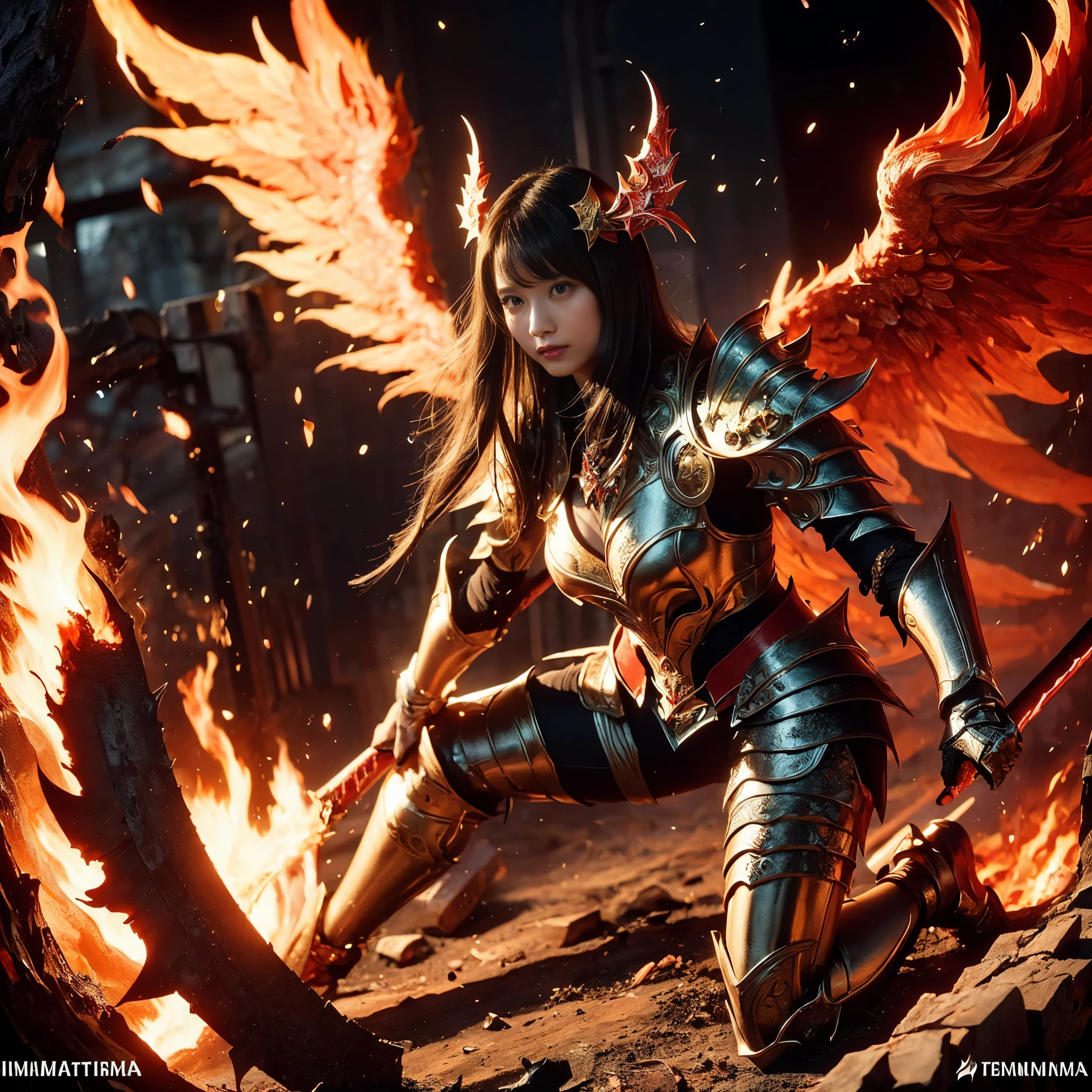 (((Realistic, masterpiece, best quality, crisp detail, high definition, high detail, very rich detail, sharp focus, sharp detail, colorful, rich color, perfect studio lightning))), ((20 years old, goddess of fire, kasumi arimura, flying, floating)),(((in the middle of war, epic war scene))), wearing (((beautiful decorated golden heavy armor, phoenix armor, phoenix tails, decorated full body armor, fully armored beautiful kimono, wide golden phoenix wings))), (flying, floating, attack stance, holding fantasy weapon, blood scattered face, blood tears, blood bath, blood shed), (((fire everywhere, blood everywhere, death everywhere, japan bakumatsu period, dead bodies,carcass,burned japanese castle,hellish,chaos, hell fire, inferno, lava)) traditional village background)