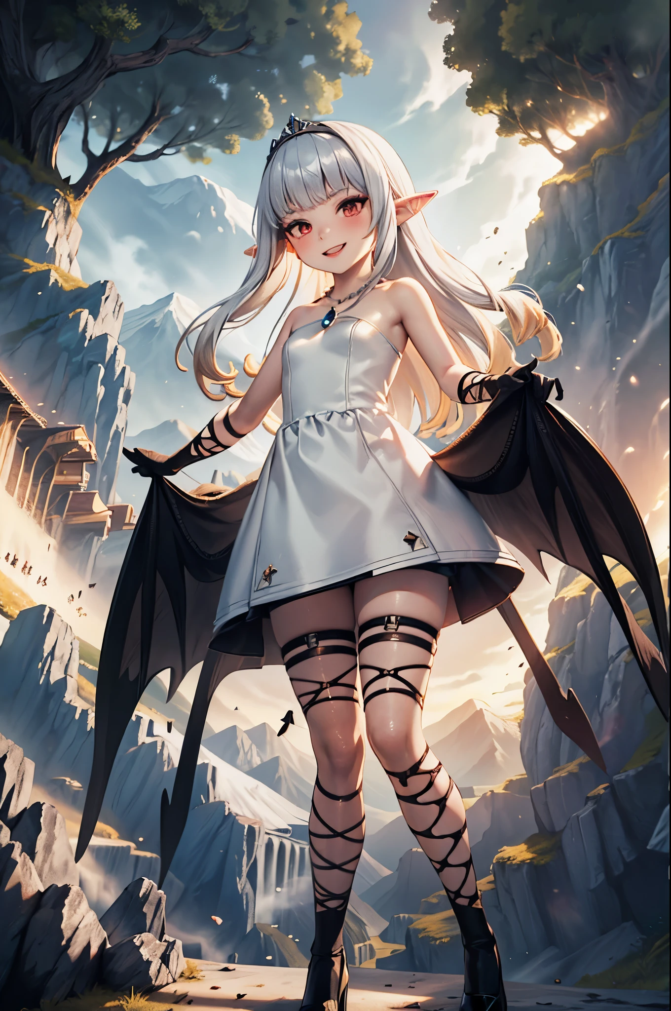 micro-landscape, micro-kingdom, toy-size kingdom, tiny-kingdom, nanoscopic-mountains, nanoscopic-trees, 1girl, (evil:1), villain, standing proud, full-body, high resolution face, white hair, gradient hair, pointy ears, glowing pendant, strapless dress, full bridal dress outfit, fairy wings, arm wrap, black gloves, leg wrap, black footwear, flat chest, mean, very thin, skinny legs, smile, sexy stockings, tiara, glowing red eyes, makeup, blush, eye shadow, rings, pearls, necklaces, flawless shiny silver hair, black heels, looking at viewer, from below, solo,
