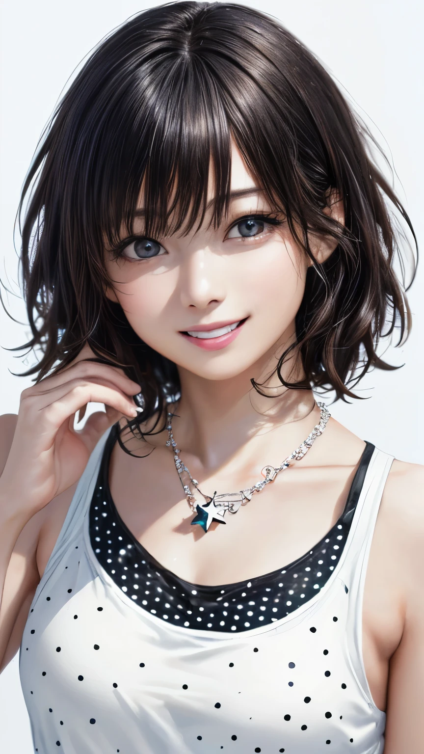 (highest quality、8K、32k、masterpiece)、(realistic)、(Photoreal:1.2)、(High resolution)、Super detailed、very beautiful face and eyes、1 girl、round and small face、thin waist、delicate body、(highest quality、high detail、Rich skin details)、(highest quality、8K、oil paint:1.2)、Super detailed、(realistic、realistic:1.37)、bright colors、(((black hair)))、(((medium hair)))、(((full body shot)))、(((pure white wall background)))、(((pure white wall background)))、(((laughter)))、(((I'm wearing a polka dot tank top)))、(((look straight ahead)))、(((wearing a star necklace)))、(((Looks happy)))、(((put your hand on your lips)))、