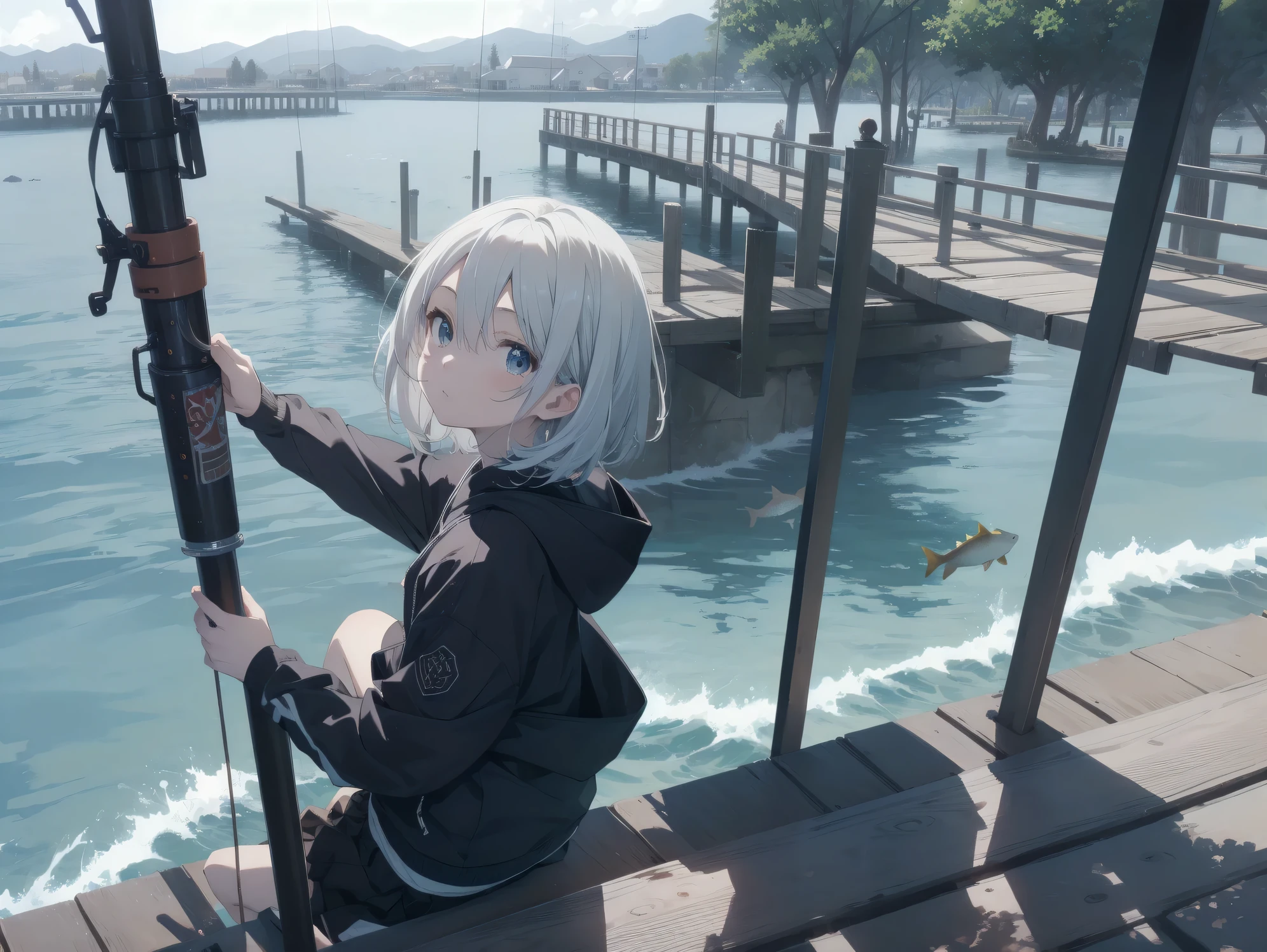 ultra-absurdres-Top quality by art God, ultra-detailed, high resolution, anime moe artstyle, best anime 8k konachan wallpaper, pixiv contest winner, perfect anatomy,break, 1girl, (Please draw a girl sitting and fishing alone. )break,(Solo,little female, 13-year-old:1.3),Full limbs, complete fingers,a junior high school student, Attractiveness of immature bodies, (very short hair), short cut, flat chest, , small butt, small black eyes, beautiful detailed eyes, well-proportioned iris and pupils, expressive eyes, highres detailed hair, soft expression, fishing rod, school_uniform, pleated skirt, holding,holding fishing rod, fishing line, (Detailed Lighting), (Detailed background), outdoors, ocean, sitting and fishing, on the wharf. break,super detailed skin, Best cinematic lighting powered by famous artist, 8k,beauty illustration,photoshop_(medium),very aesthetic,break,((artist:core )), artist:fukahire_(ruinon) ,artist:akinashi yuu ,artist:oyari ashito ,