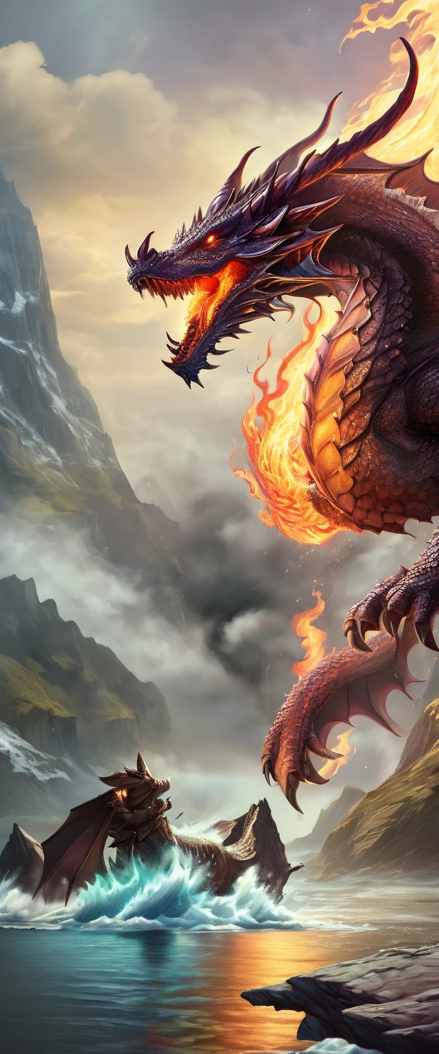 dungeons & dragons:1.5,((ultra wide angle x0.5:1.5)),( Dragon releasing flames from its mouth., cliff, Flying:1.5), ((Imaginative scene)), (( Very detailed: 1.4), ((masterpiece)), (Hyper-detailed and beautiful: 1.3), (Photorealistic: 1.4), 32k.