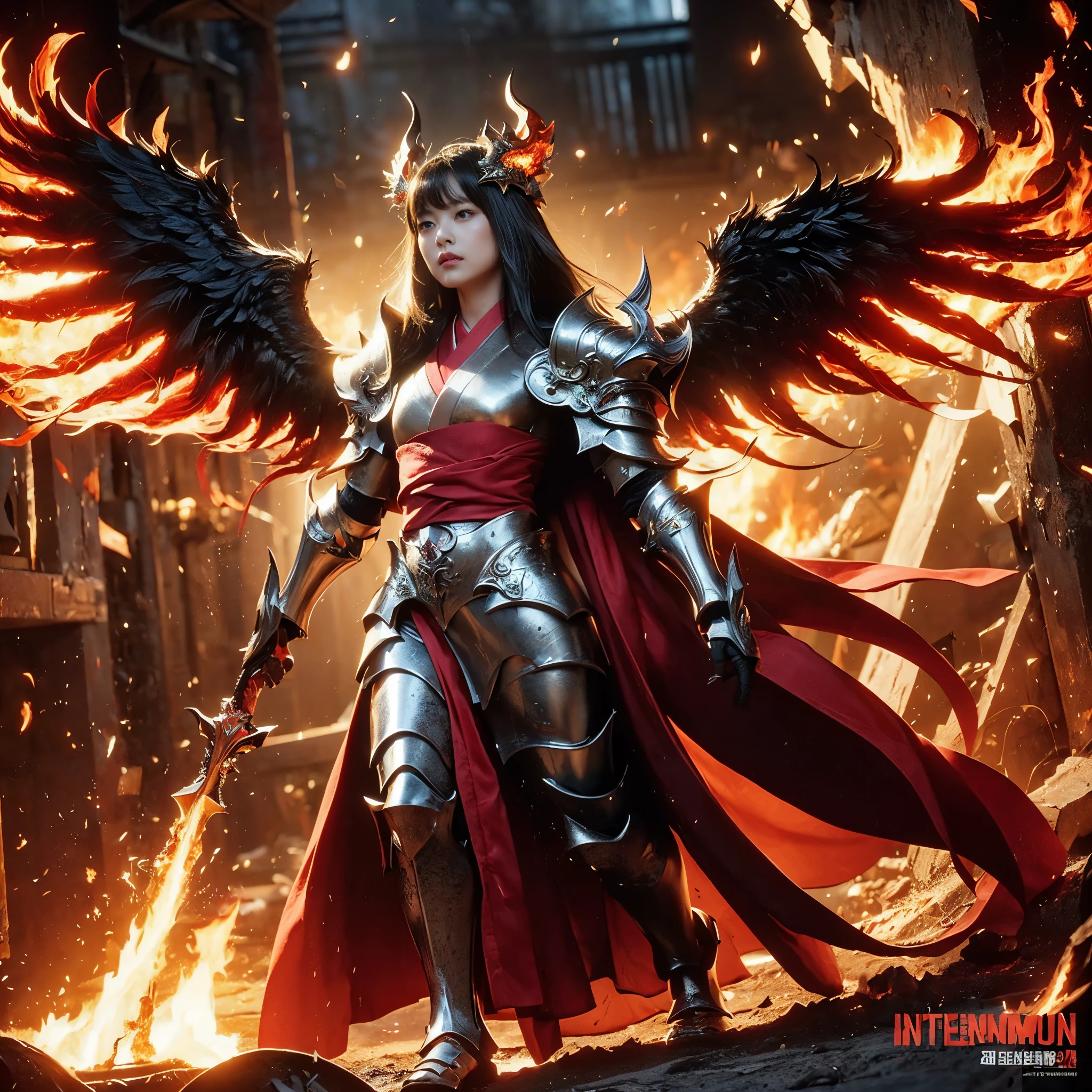 (((Realistic, masterpiece, best quality, crisp detail, high definition, high detail, very rich detail, sharp focus, sharp detail, colorful, rich color, perfect studio lightning))), ((20 years old, goddess of fire, kasumi arimura, flying, floating)),(((in the middle of war, epic war scene))), wearing (((beautiful decorated golden heavy armor, phoenix armor, phoenix tails, decorated full body armor, fully armored beautiful kimono, wide golden phoenix wings))), (flying, floating, attack stance, holding fantasy weapon, blood scattered face, blood tears, blood bath, blood shed), (((fire everywhere, blood everywhere, death everywhere, japan bakumatsu period, dead bodies,carcass,burned japanese castle,hellish,chaos, hell fire, inferno, lava)) traditional village background)