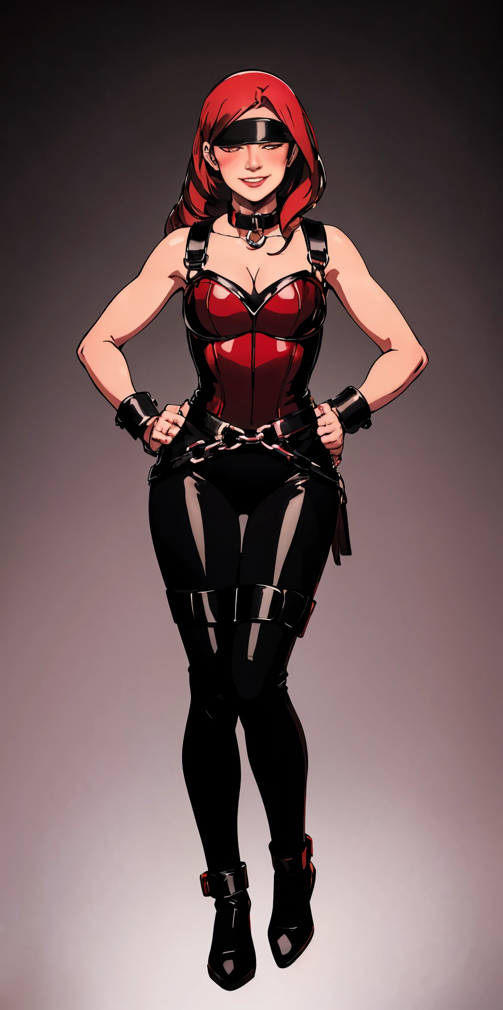 ((BLACK BACKGROUND)) 1 Sex slave female blindfolded standing straight symmetrical on black background, full body, 2legs TOGETHER, WRIST HANDCUFFS, LEATHER SLAVE COLLAR, lustful smirking smile face red blushed red cheeks, HANDS ON HIPS clenching fist