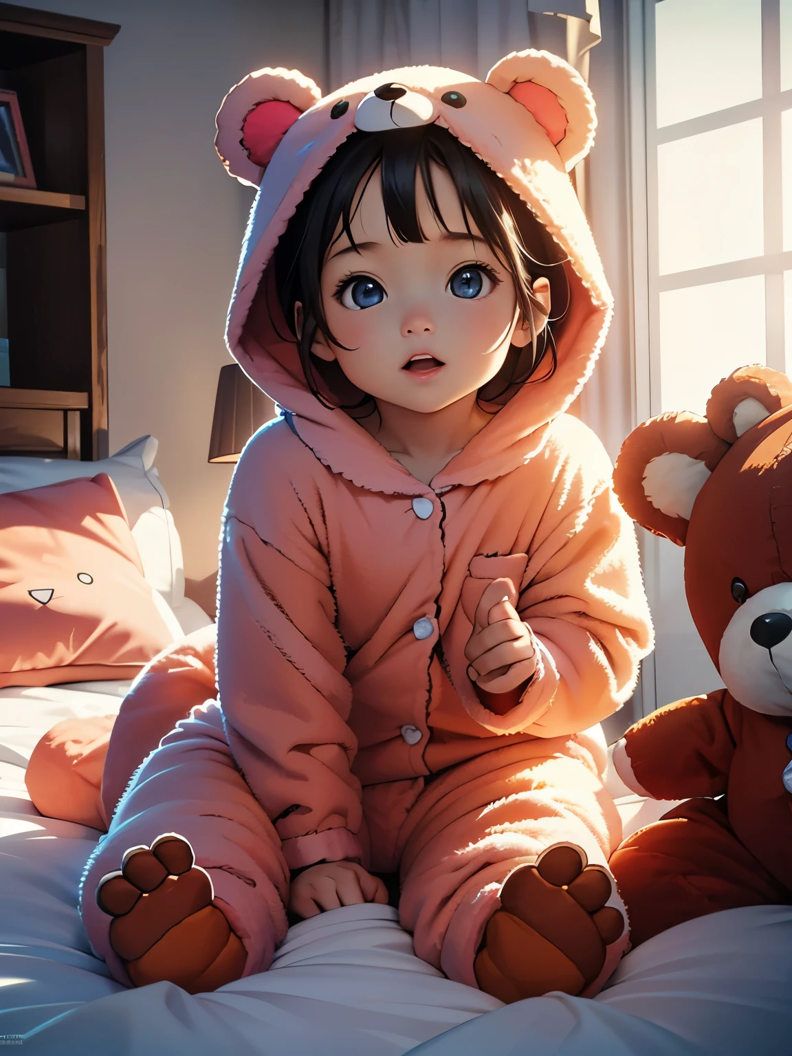 (8K, RAW photo, 最high quality, masterpiece:1.2), High-definition RAW color photo, Professional photo shoot, cinematic light, alone, ((1 baby girl, young girl, play with stuffed animals)), (detailed expression), full body shot, (((Bear costume, Costume pajamas)))beautiful skin, shiny skin, perfect fingers, five fingers, anatomically correct, background bokeh, high quality, photorealistic, photorealism, bright colors, ((very detailed, photo shoot)),