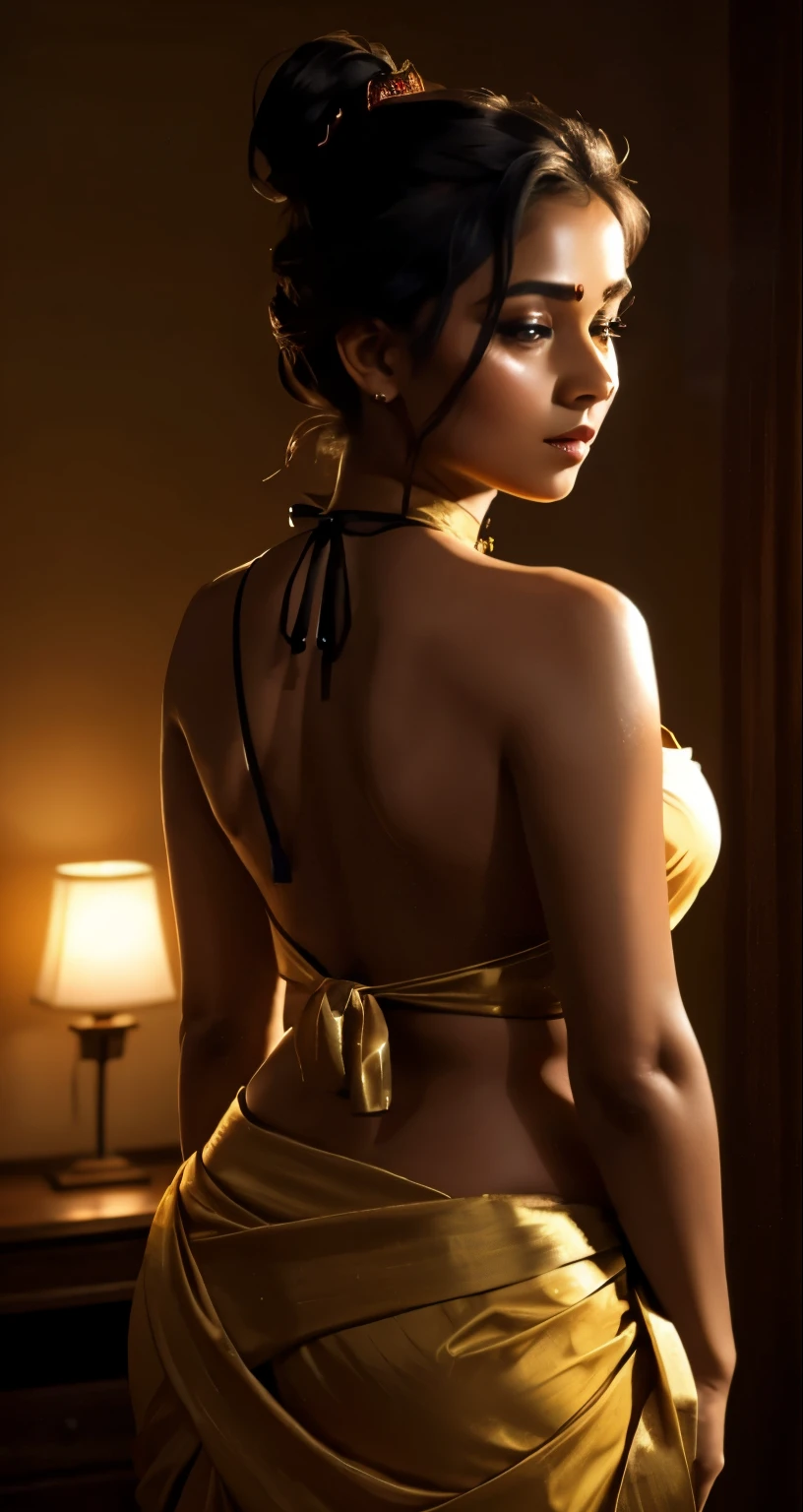 Sexy woman who is wearing a backless blouse and a saree and hair tied in a bun, tiny room, dark room, one lamp, sweaty, pleasure