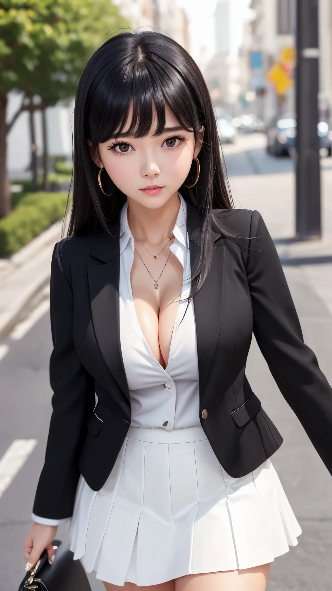 ((highest quality)), ((8k), (detailed face), (highlight), girl、cleavage、bangs、black hair、white skirt、blazer、