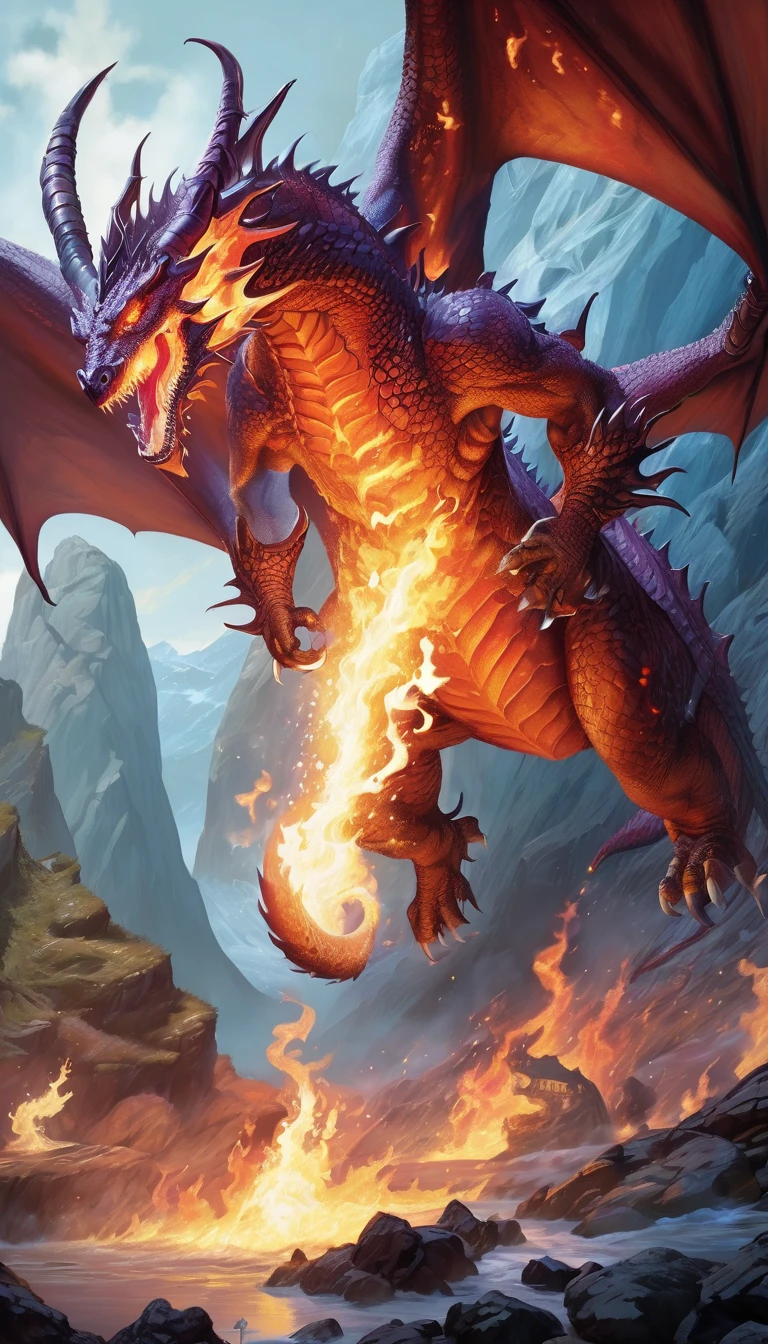 dungeons & dragons:1.5,((ultra wide angle x0.5:1.5)),( Dragon releasing flames from its mouth., cliff, Flying:1.5), ((Imaginative scene)), (( Very detailed: 1.4)9, ((masterpiece)), (Hyper-detailed and beautiful: 1.3), (Photorealistic: 1.4), 32k.