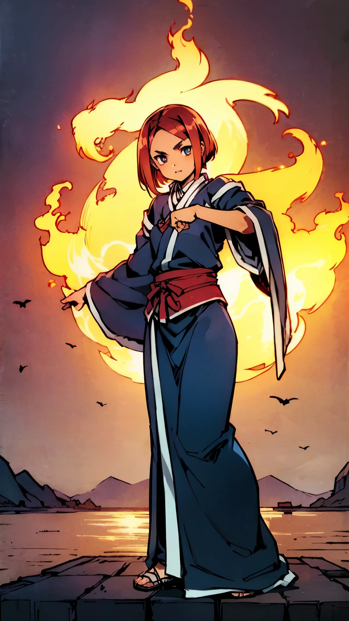 ((A woman with tousled vibrant red short hair, side-swept bangs, sharply arched eyebrows, sharp upward-arched thick eyebrows, sharp gaze, slender elongated face, a slim figure, a fantasy martial arts-style loose solid-color Daoist robe, wide billowing sleeves, a voluminous long skirt, orange as the main color, complemented by blue accents, a small bird formed of flames flies beside her, the scene is set in a fantasy-style Chinese lakeside courtyard)), this character embodies a finely crafted a fantasy martial arts practitioner in anime style, exquisite and mature manga art style, feminine, high definition, best quality, highres, ultra-detailed, ultra-fine painting, extremely delicate, professional, perfect body proportions, golden ratio, anatomically correct, symmetrical face, extremely detailed eyes and face, high quality eyes, creativity, RAW photo, UHD, 32k, Natural light, cinematic lighting, masterpiece-anatomy-perfect, masterpiece:1.5