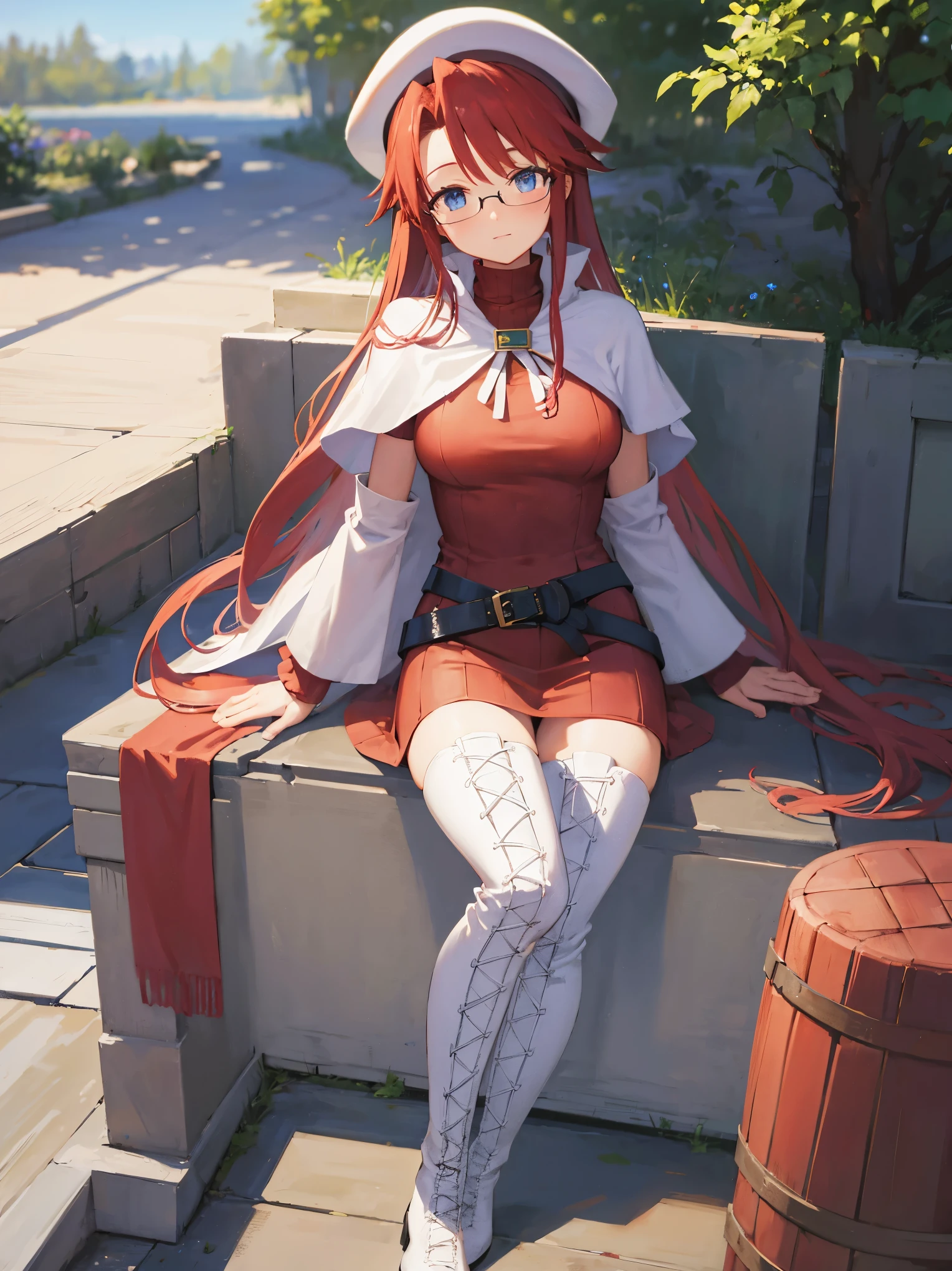 1girl, red long hair. blue eyes, wearing medieval fantasy dress, high res, ultrasharp, 8k, masterpiece, perfect body, perfect face, cute face, sitting on the bench, medieval city looking forward
