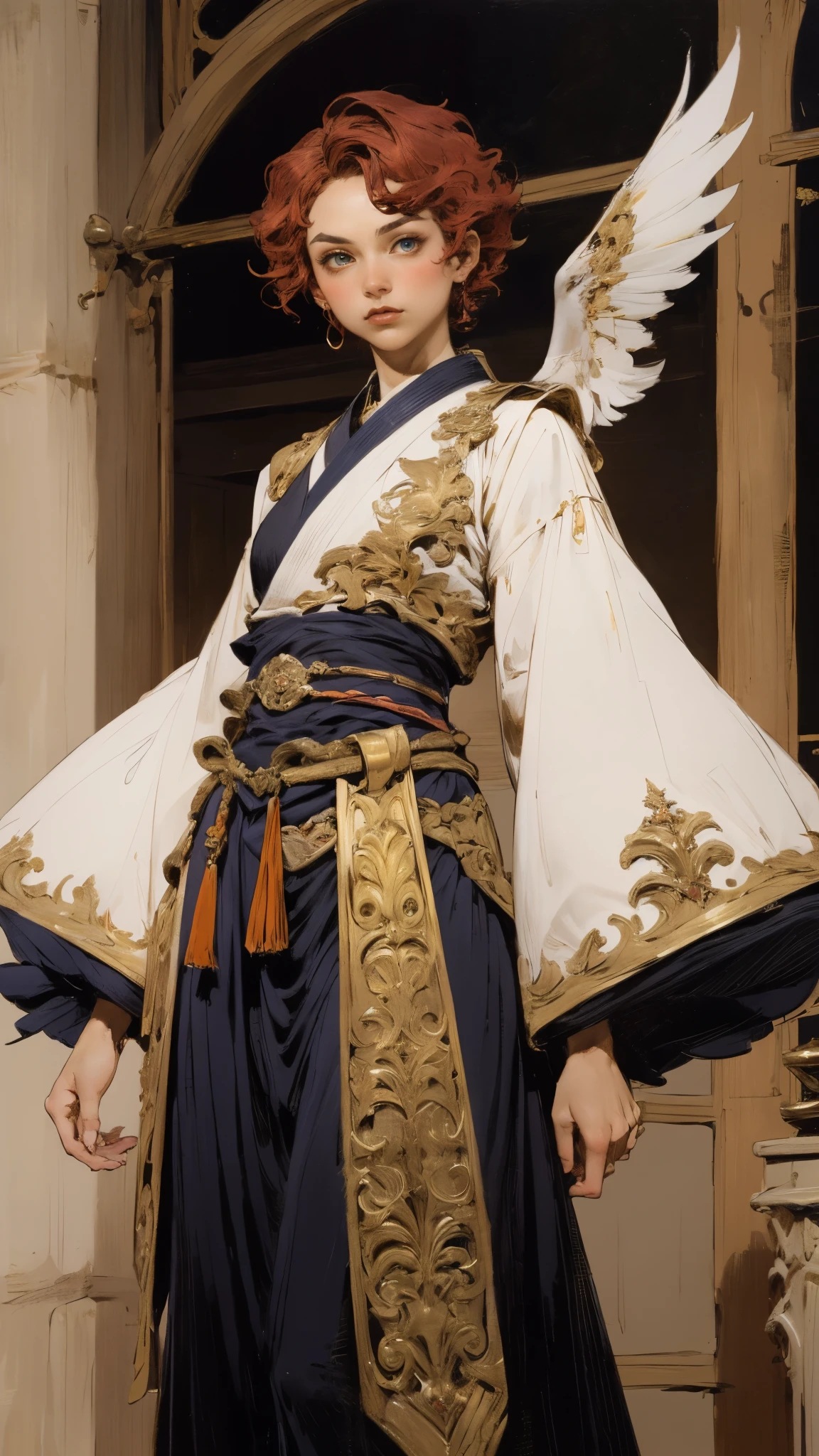 ((A woman with tousled vibrant red short hair, side-swept bangs, sharply arched eyebrows, sharp upward-arched thick eyebrows, sharp gaze, slender elongated face, a slim figure, a fantasy martial arts-style loose solid-color Daoist robe, wide billowing sleeves, a voluminous long skirt, orange as the main color, complemented by blue accents, a small bird formed of flames flies beside her, the scene is set in a fantasy-style Chinese lakeside courtyard)), this character embodies a finely crafted a fantasy martial arts practitioner in anime style, exquisite and mature manga art style, feminine, high definition, best quality, highres, ultra-detailed, ultra-fine painting, extremely delicate, professional, perfect body proportions, golden ratio, anatomically correct, symmetrical face, extremely detailed eyes and face, high quality eyes, creativity, RAW photo, UHD, 32k, Natural light, cinematic lighting, masterpiece-anatomy-perfect, masterpiece:1.5