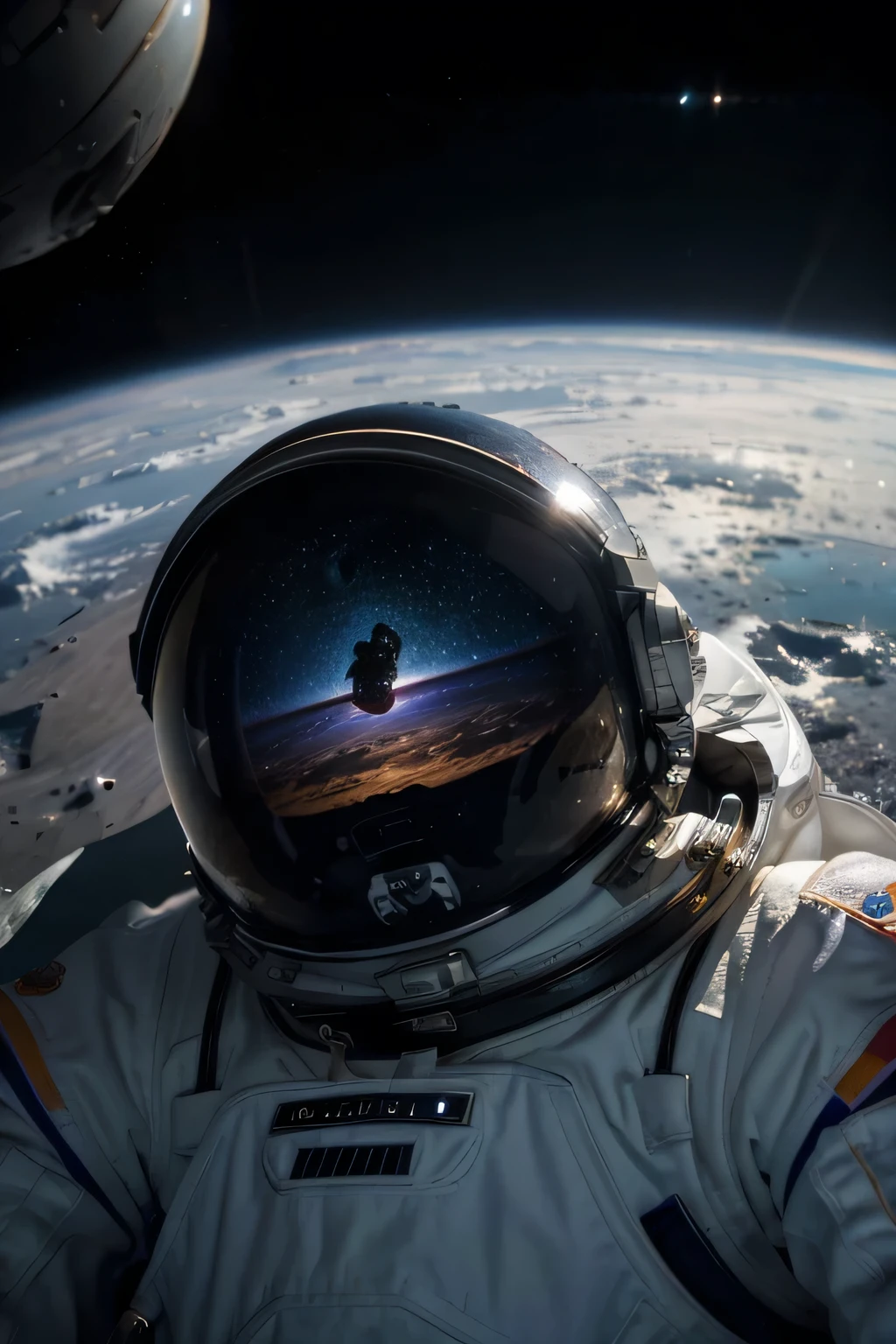 (best quality,4k,8k,highres,masterpiece:1.2),ultra-detailed,(realistic,photorealistic,photo-realistic:1.37),astronaut,earth,space background,cosmic scenery,stars in the background,spacesuit,space helmet,reflective visor,beautifully detailed spacesuit,glowing space helmet,reflection of Earth on the visor,zero gravity sensation,weightless floating,emblem on the spacesuit,extreme attention to detail,professional astronaut,surrounded by stars,captivating cosmic landscape,vivid colors,vibrant blue planet,subtle cloud formations,gleaming oceans,crisp details of continents,breathtaking view of Earth from space,sharp contrast between space and Earth,soothing color palette,ethereal lighting,soft glow from the stars,hints of purples and pinks in the background,meticulously crafted spacesuit texture,subtle textures on the helmet,delicate shadows and highlights,unexpected perspective,feeling of awe and wonder,immersed in the vastness of space,serene atmosphere,peaceful and tranquil,unsigned
