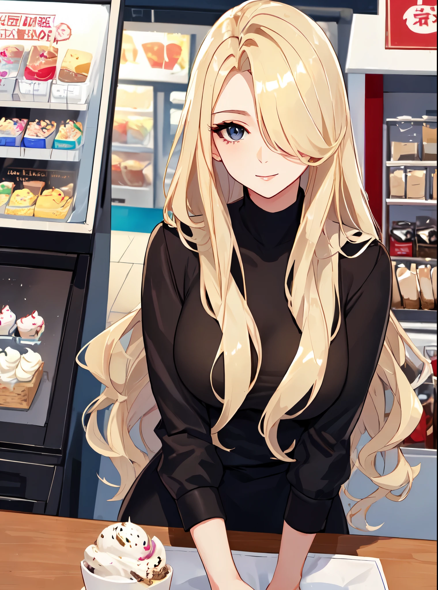 breathtaking beautiful mature woman, sultry, (hair over one eye), (big hair), blonde, black long-sleeve dress, ice cream stand, head close-up . award-winning, professional, highly detailed, flat, buying