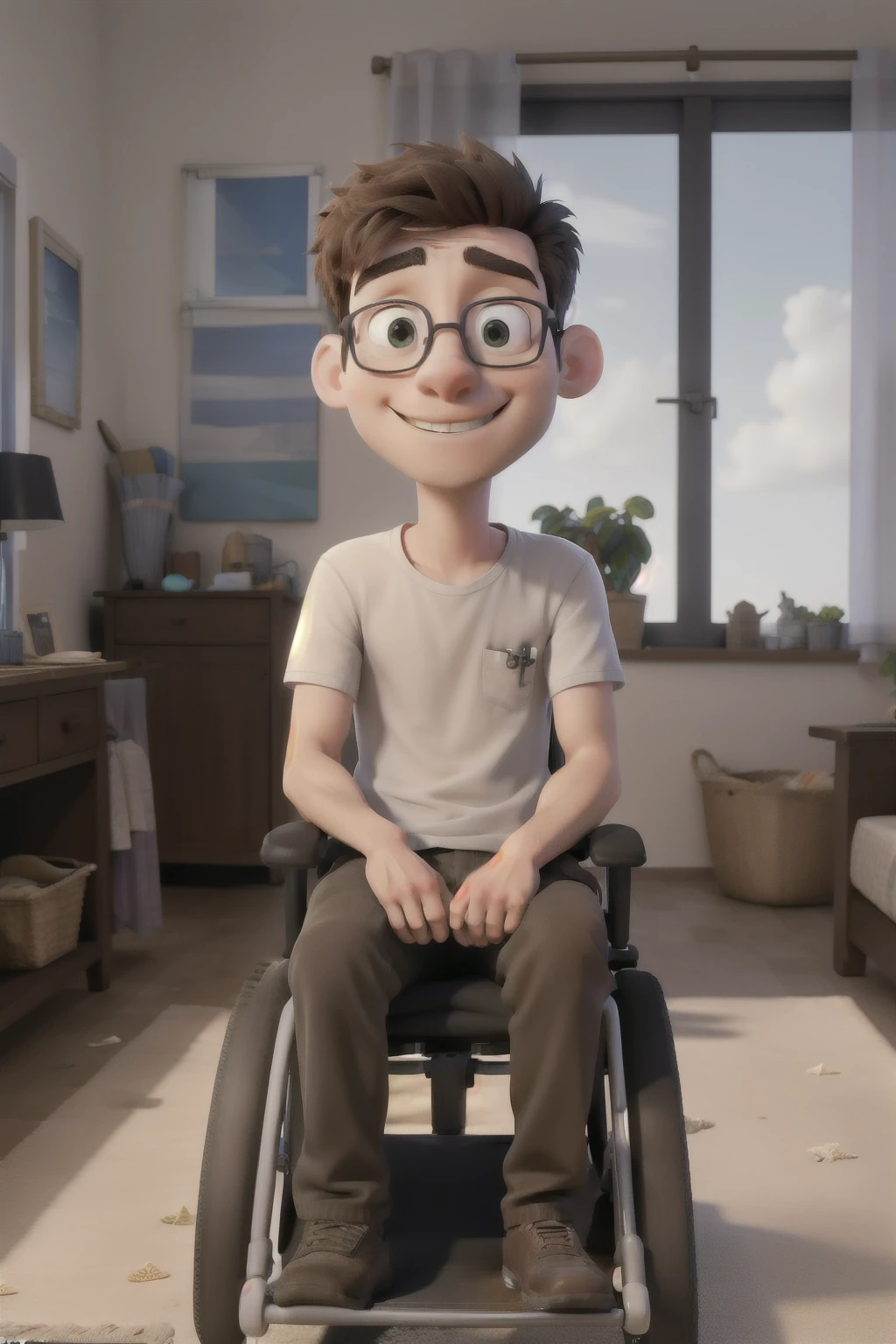Do Gabriel: a 26 year old architect who is at home alone and is in a wheelchair. And show that he misses his little brother who is at the beach with his friends