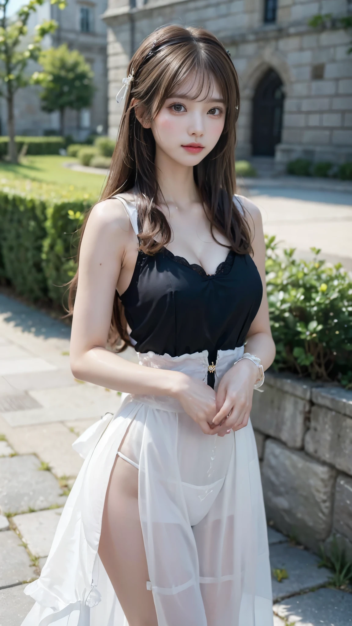 masterpiece,8k,highest quality,Ultra-fine illustration, I can see the whole body,highly detailed face, Fine and shiny skin,big eyes), (long straight black hair, big breasts: 1.2), (shot from below,face down), pretty face, 21 year old Japanese,Camisole Dress,lift up the skirt,purple see-through panties,Big eyes, double eyelid，embarrassed look,in the city