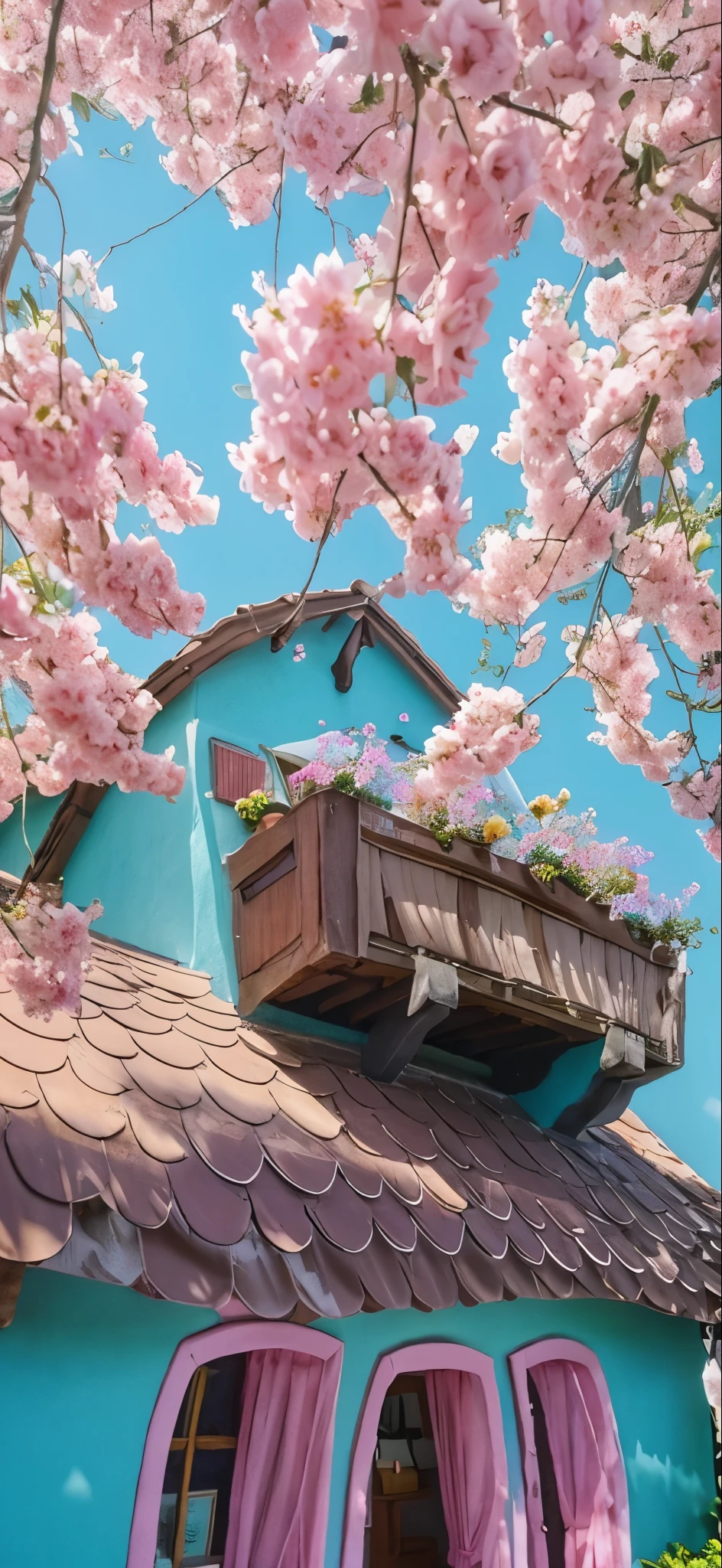 there is a pink flower tree in front of a house, dreamy aesthetic, studio ghibli aesthetic, Beautiful and Aesthetic, anime aesthetic, cottagecore!!, kawaii aesthetic, Fantasy aesthetic!, sailor moon aesthetic, cottagecore, very magical and dreamy, em uma casa estilo terra de doces, sonhador e detalhado, colorful aesthetic, cores azul e rosa
