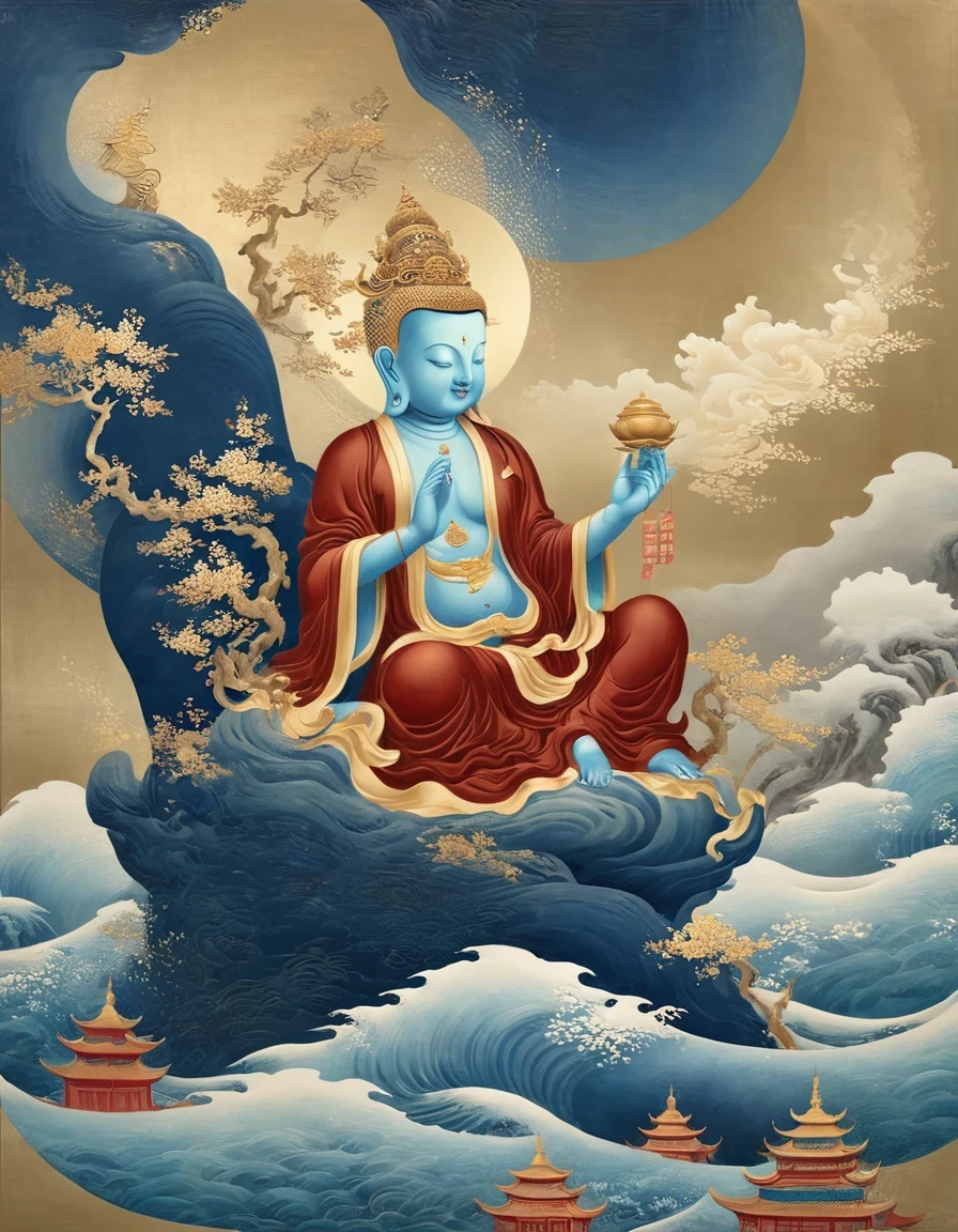 (tiny monk sitting on giant hand of Guanyin), (giant hand: 1.3), nestled in undulating ripples, Dunhuang art style, illustration,, extremely fine, soft and fluid brushstrokes, in Chinese red and indigo, with auspicious cloud motifs painted on gold leaf in the background. Vintage, shabby, fresco.