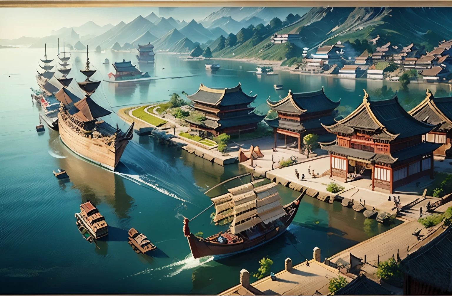 a picture taken from a bird's eye view of a china village, Beautiful rendering of the Tang Dynasty, Dream China Town, Renaissance port city background, china village, Chinese dreamland, Oriental scene, landscape artwork, Inspired by Dong Yuan, Inspired by Wu Hong, Chinese fantasy, inspired by Yang Buzhi, Inspired by Lu Zhi, Exquisite matte painting