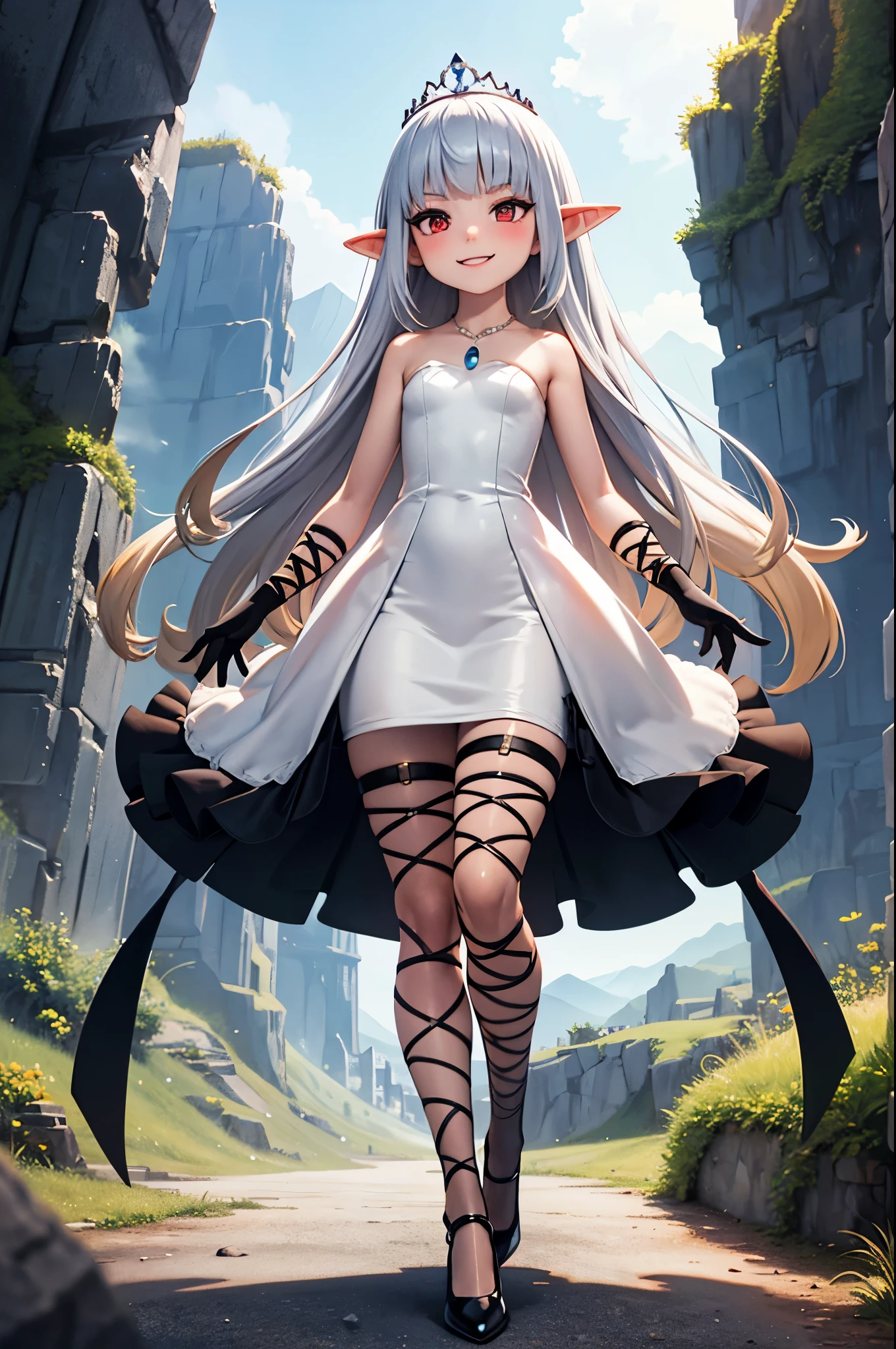 micro-landscape, micro-kingdom, toy-size kingdom, tiny-kingdom, nano-kingdom, nanoscopic-mountains, nanoscopic-trees, giant-1girl, immense-girl, colossal-girl, evil, (villain:1), standing proud, full-body, high resolution face, white hair, gradient hair, pointy ears, glowing pendant, strapless dress, full bridal dress outfit, fairy wings, arm wrap, black gloves, leg wrap, black footwear, flat chest, mean, very thin, skinny legs, smile, sexy stockings, tiara, glowing red eyes, makeup, blush, eye shadow, rings, pearls, necklaces, flawless shiny silver hair, black heels, looking at viewer, from below, solo,